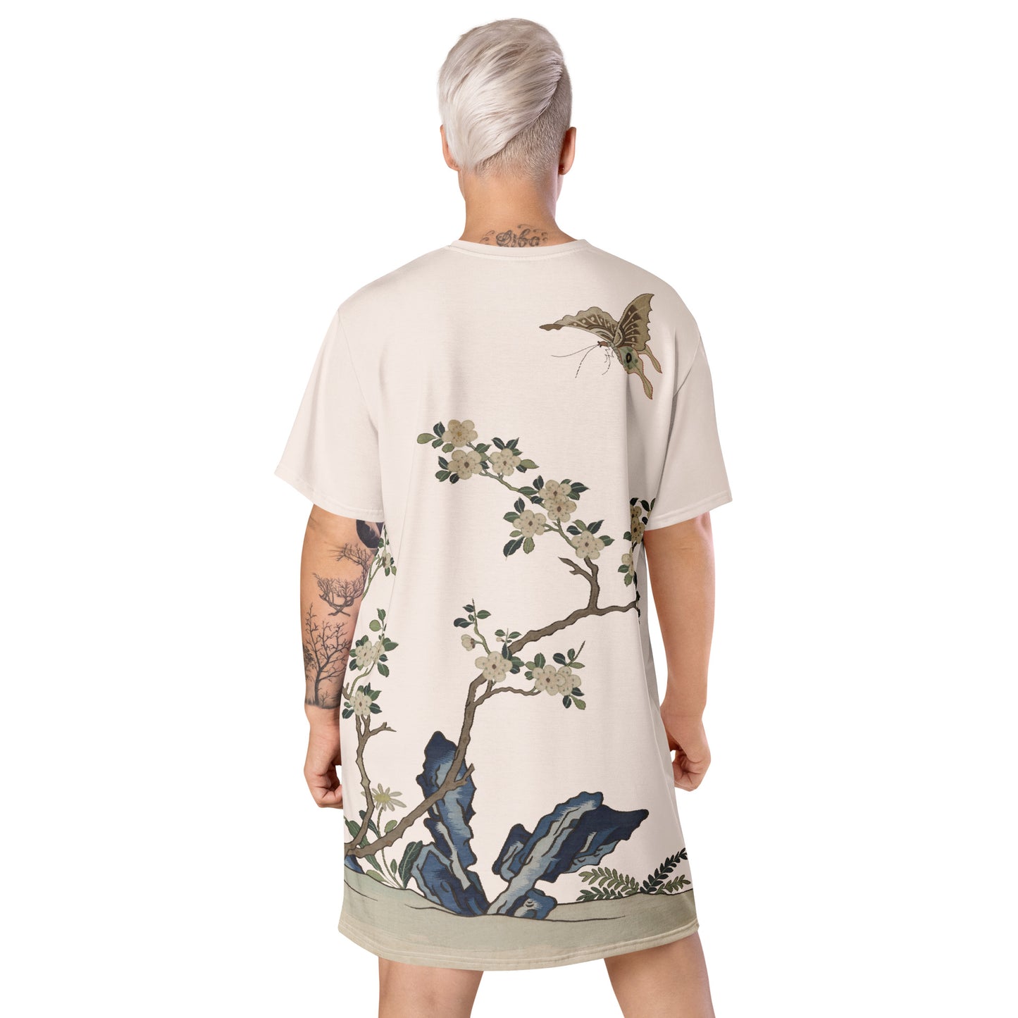 Kesi Flower Album|White Plum Blossoms and Butterfly|T-shirt dress|Fish belly white