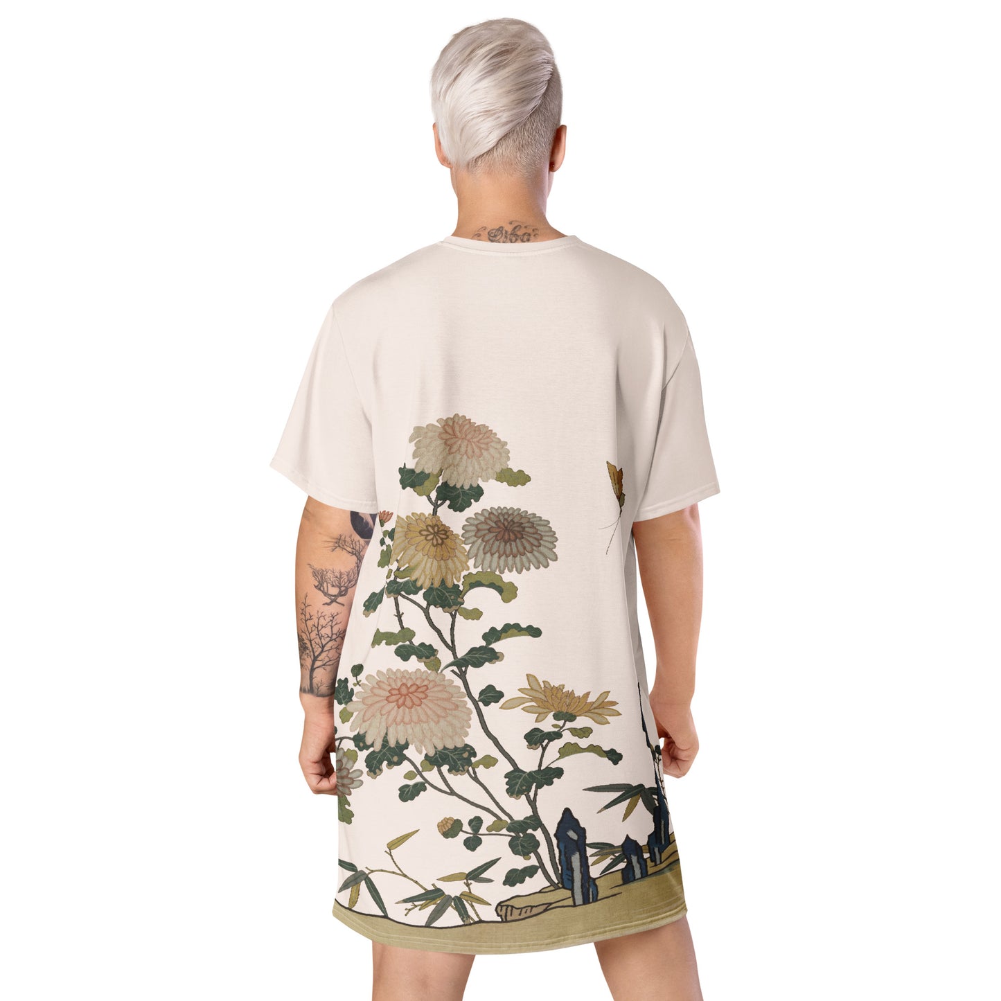Kesi Flower Album|Chrysanthemums and Butterflies|T-shirt dress|Fish belly white