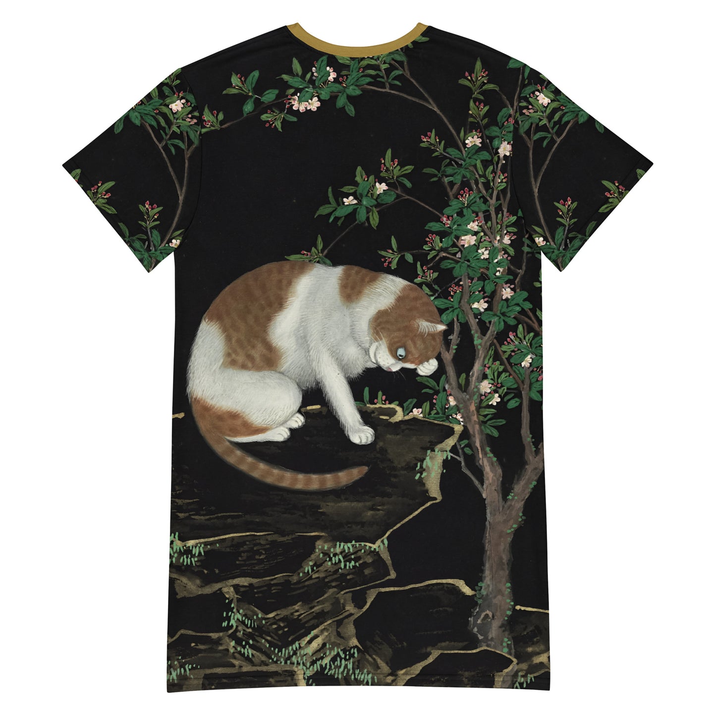 長寿の猫と蝶|満開の林檎の木の下の猫|Tシャツワンピース