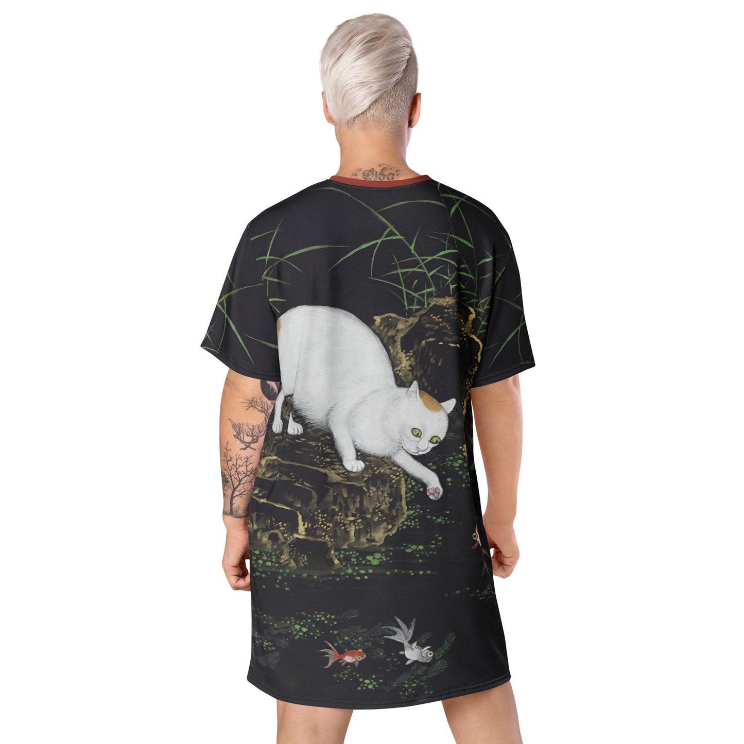Cats And Butterflies Of Longevity|Cat with Fish and Aquatic Plants|T-shirt dress