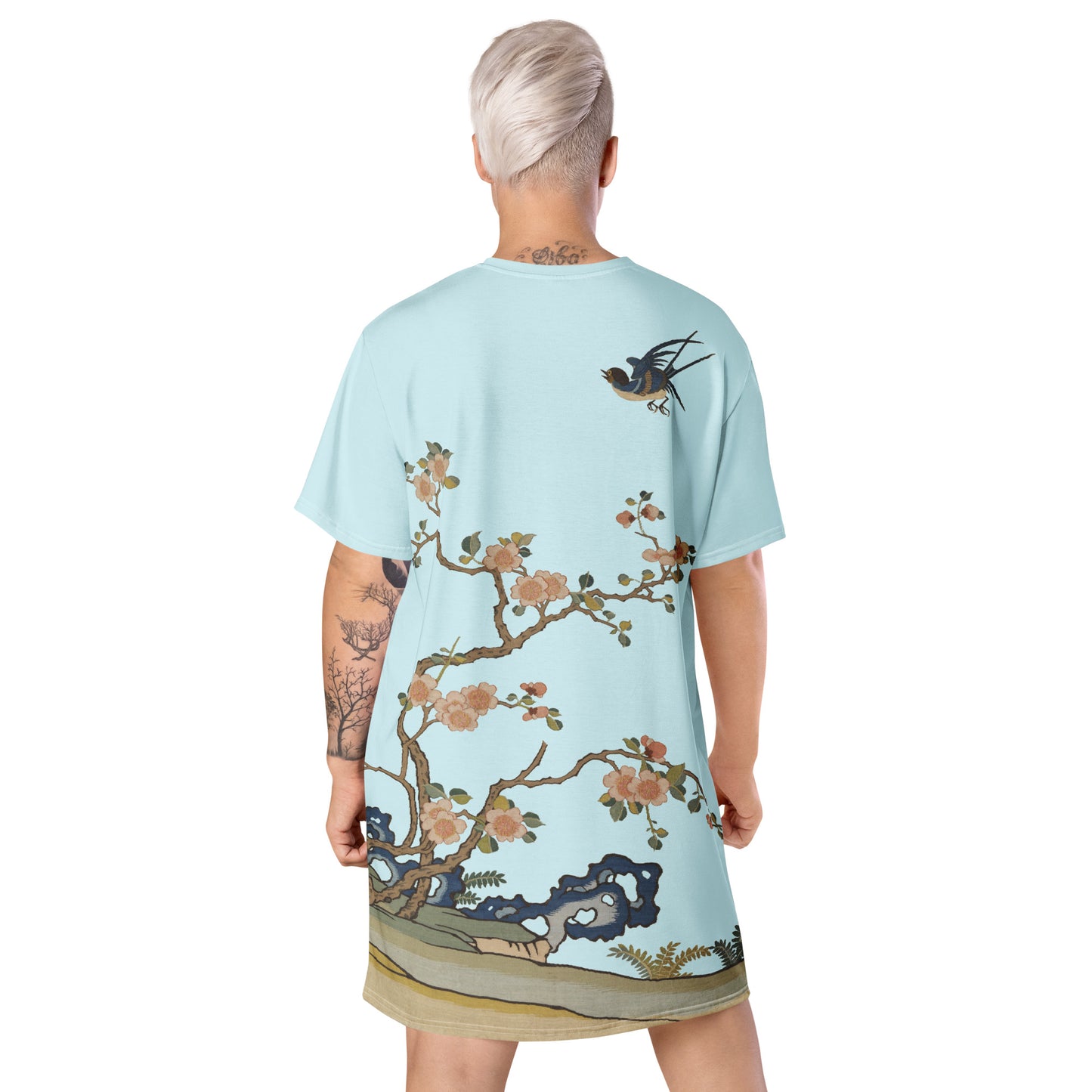 Kesi Flower Album|Swallow in Flight, Harbinger of Spring|T-shirt dress|Aqua blue