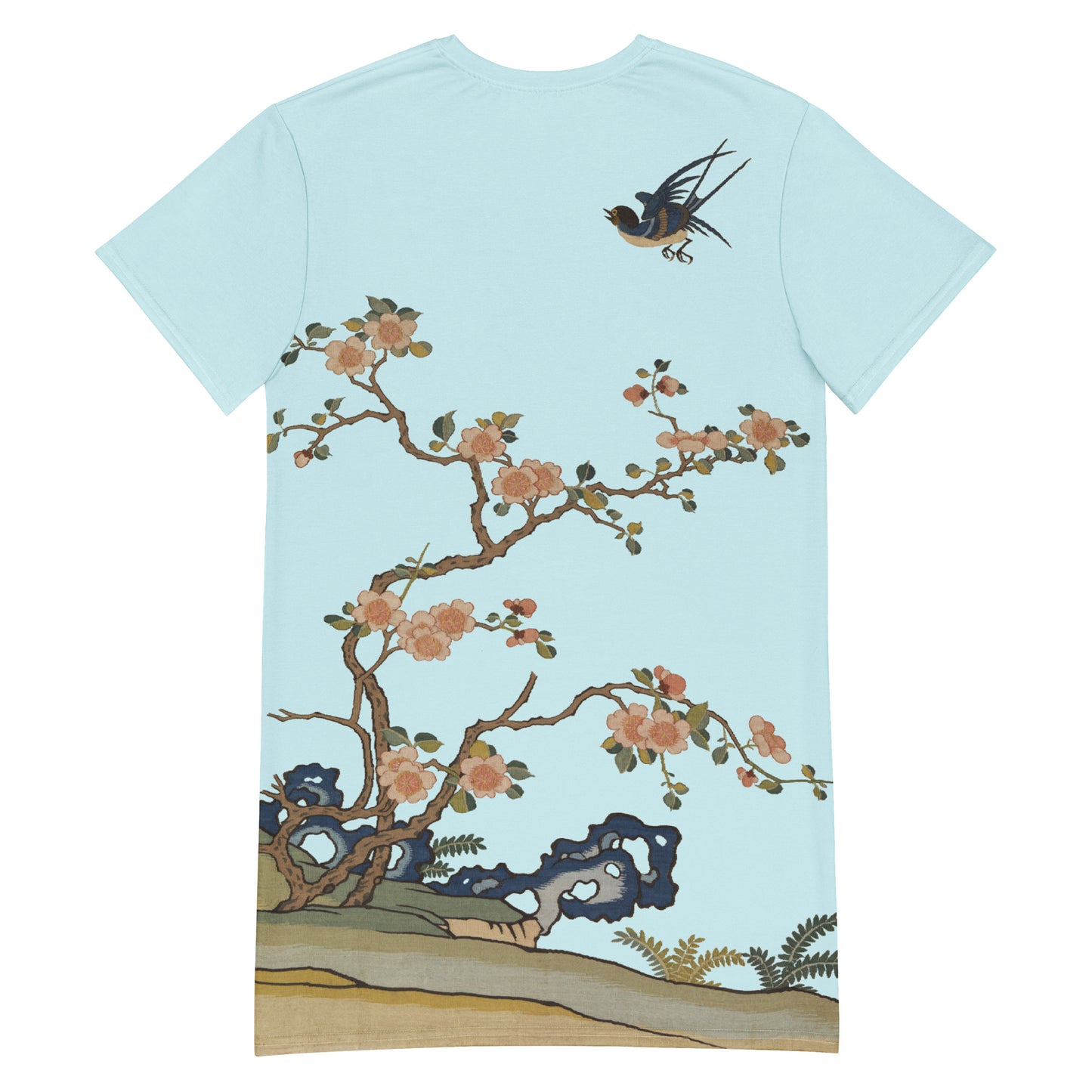 Kesi Flower Album|Swallow in Flight, Harbinger of Spring|T-shirt dress|Aqua blue