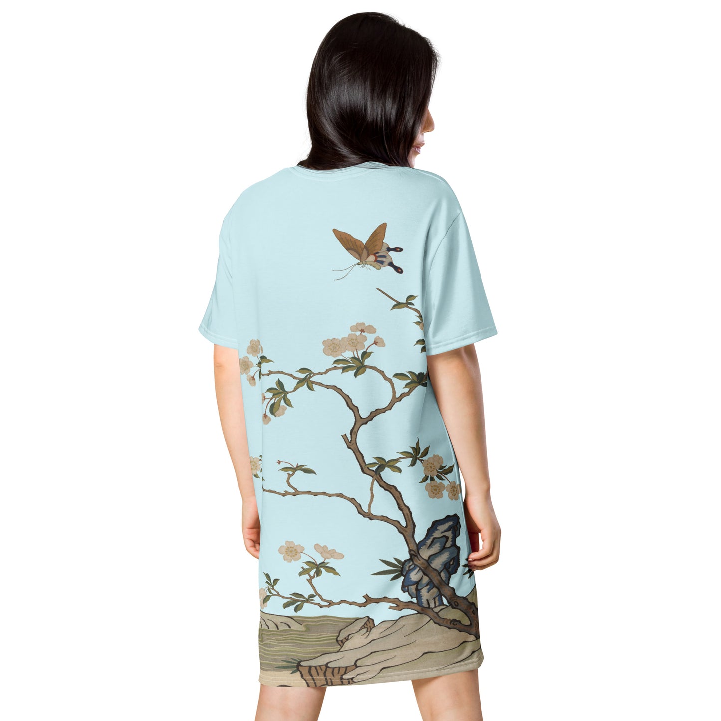 Kesi Flower Album|Plum Blossoms and Butterfly|T-shirt dress|Aqua blue