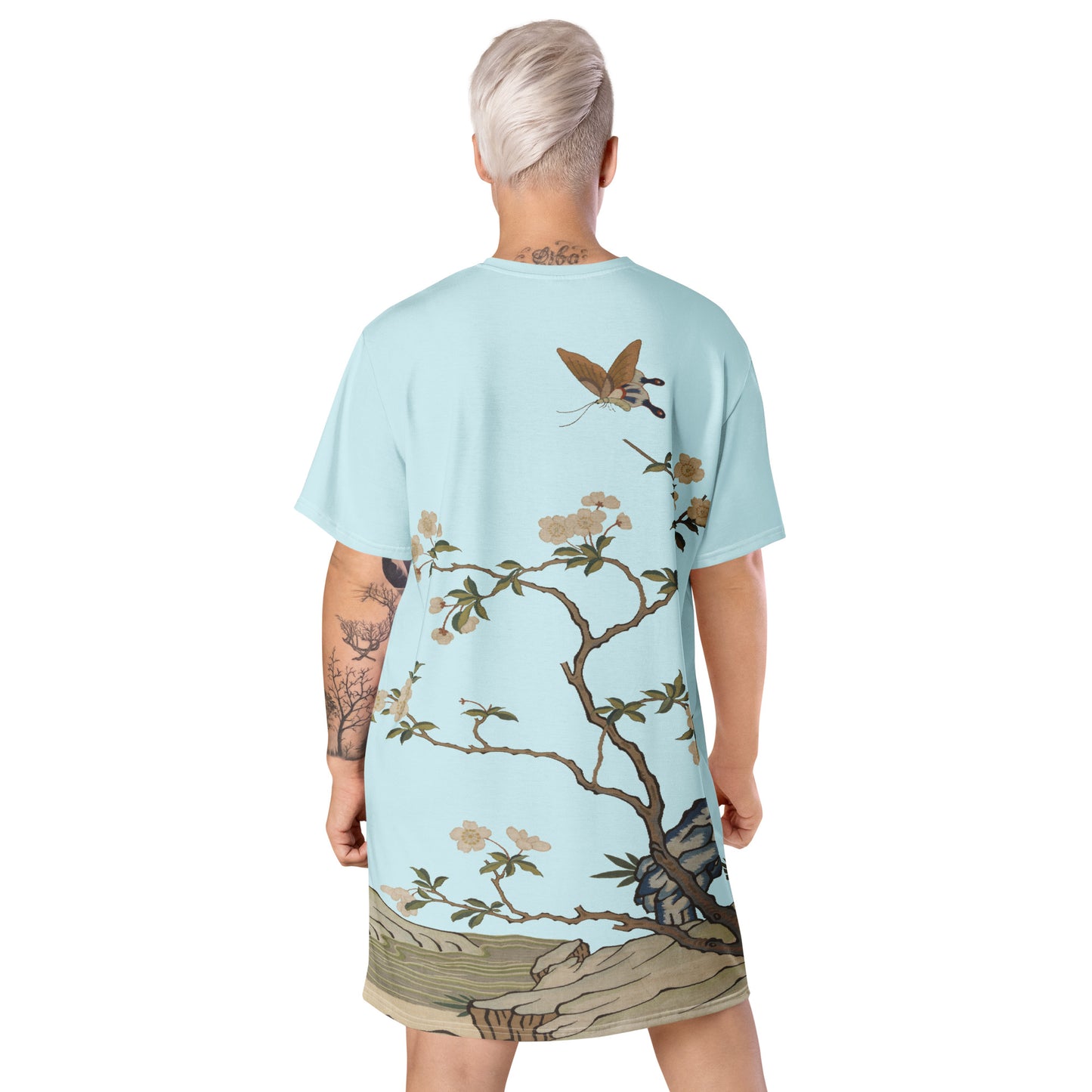 Kesi Flower Album|Plum Blossoms and Butterfly|T-shirt dress|Aqua blue