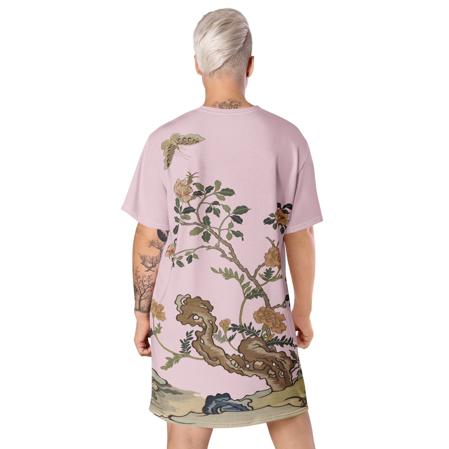 Kesi Flower Album|Camellia and Butterfly|T-shirt dress|Pale pinkish gray