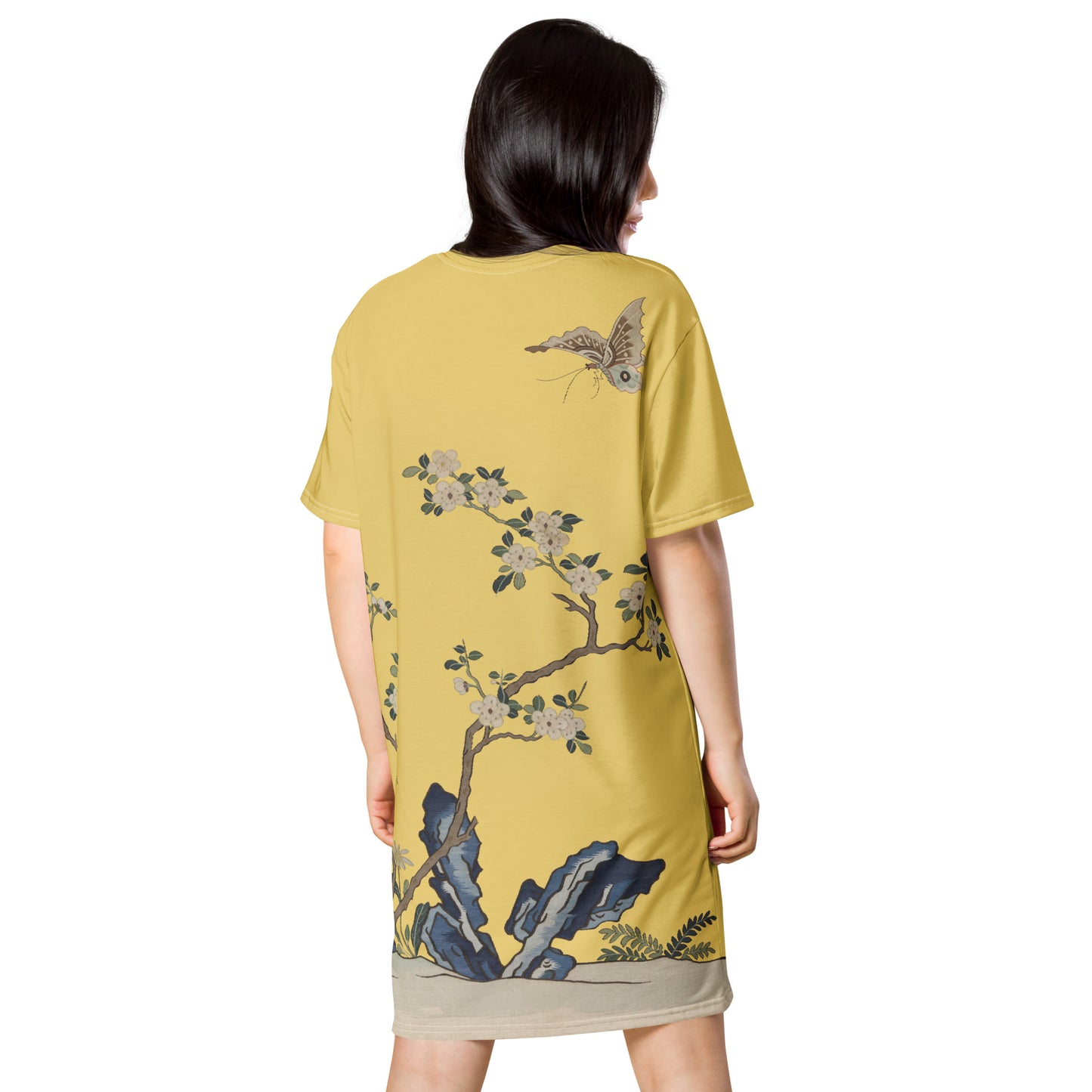 Kesi Flower Album|White Plum Blossoms and Butterfly|T-shirt dress|Gold
