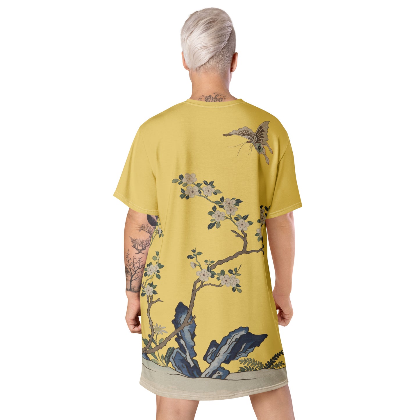 Kesi Flower Album|White Plum Blossoms and Butterfly|T-shirt dress|Gold