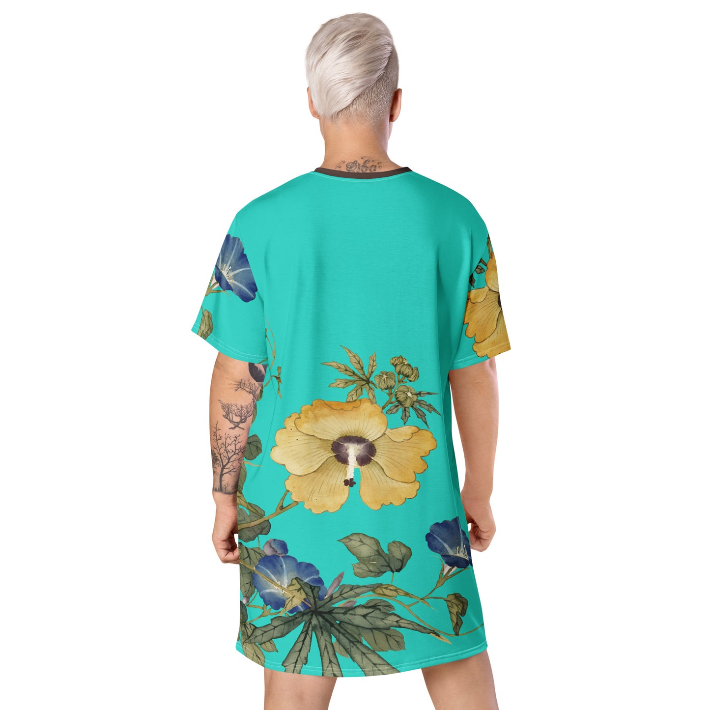 The Spirit of Flowers in Twelve Months|Okra and White-edged Morning Glory in Bloom|T-shirt dress|Turquoise