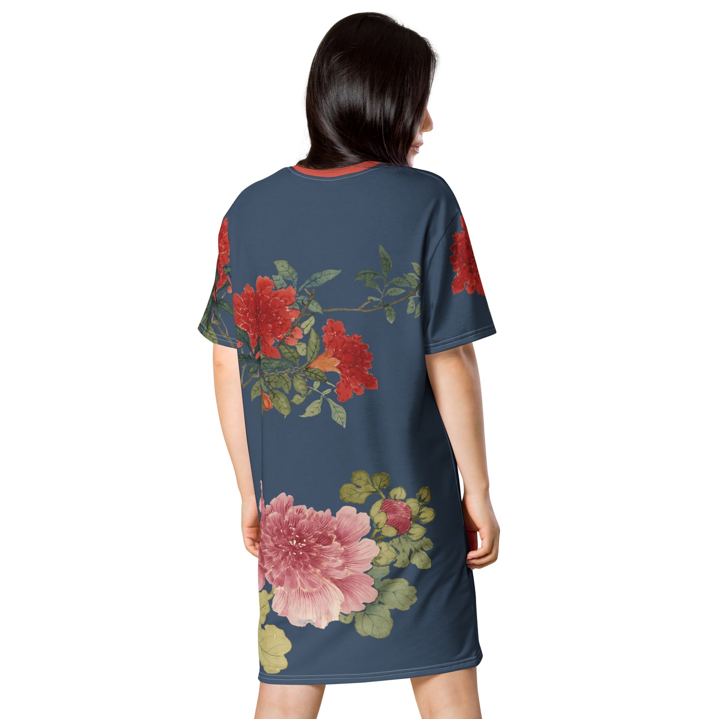 The Spirit of Flowers in Twelve Months|Hollyhock and Pomegranate in Bloom|T-shirt dress|Dark blue