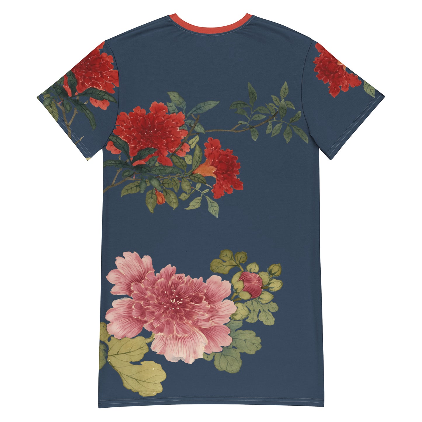 The Spirit of Flowers in Twelve Months|Hollyhock and Pomegranate in Bloom|T-shirt dress|Dark blue