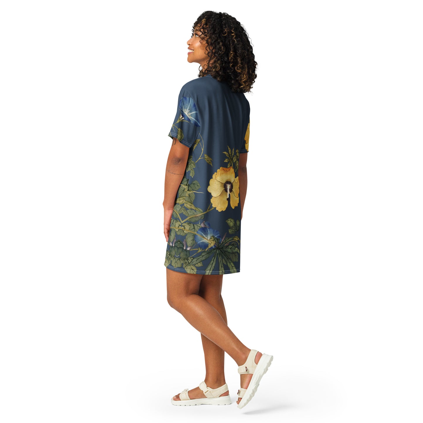 The Spirit of Flowers in Twelve Months|Okra and White-edged Morning Glory in Bloom|T-shirt dress|Dark blue