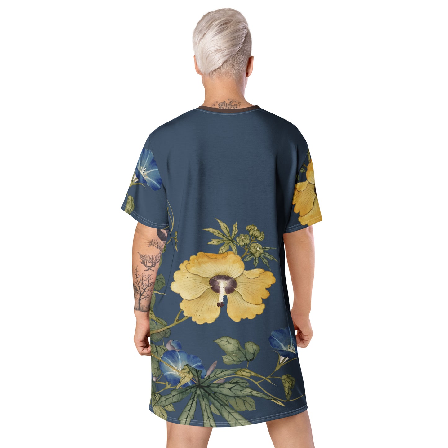 The Spirit of Flowers in Twelve Months|Okra and White-edged Morning Glory in Bloom|T-shirt dress|Dark blue