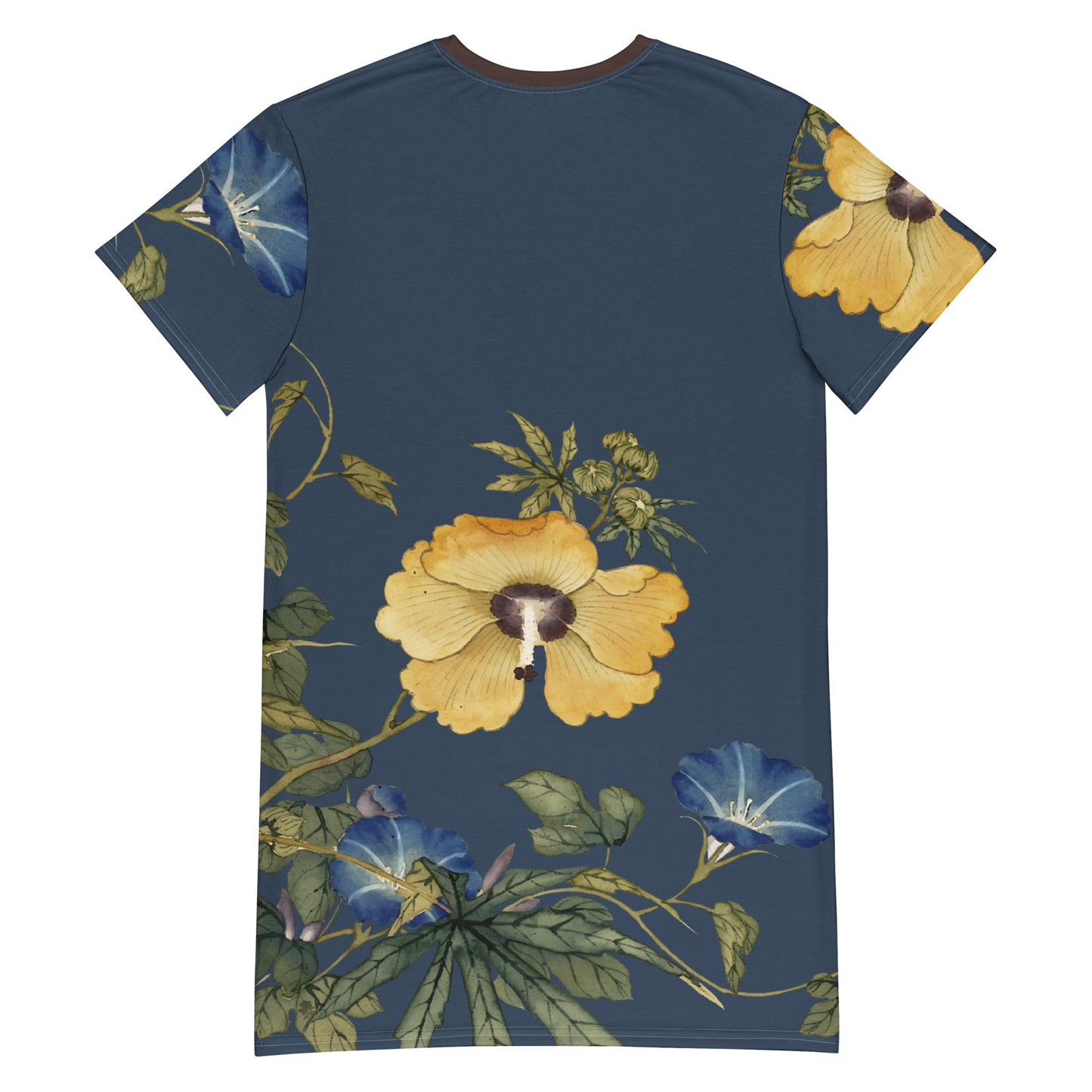The Spirit of Flowers in Twelve Months|Okra and White-edged Morning Glory in Bloom|T-shirt dress|Dark blue