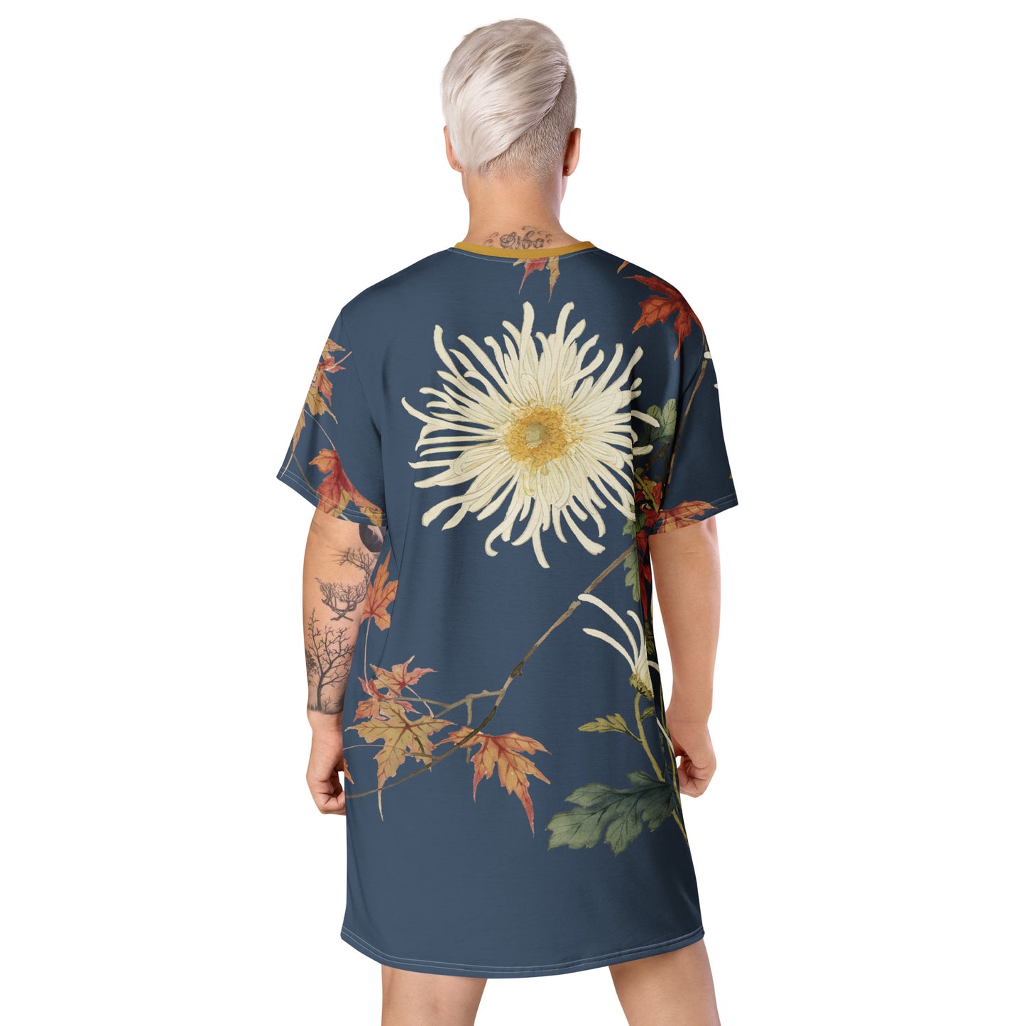 The Spirit of Flowers in Twelve Months|Blooming Chrysanthemum and Maple Leaves|T-shirt dress|Dark blue