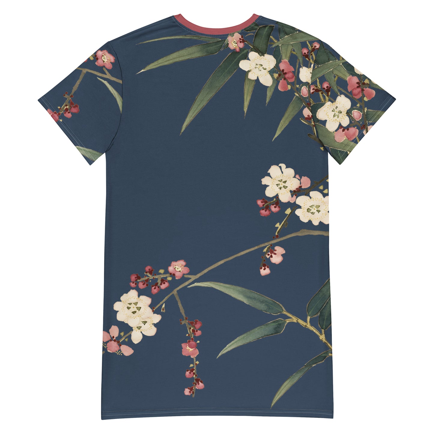 The Spirit of Flowers in Twelve Months|Crimson Plum Blossom and Lush Green Bamboo|T-shirt dress|Dark blue