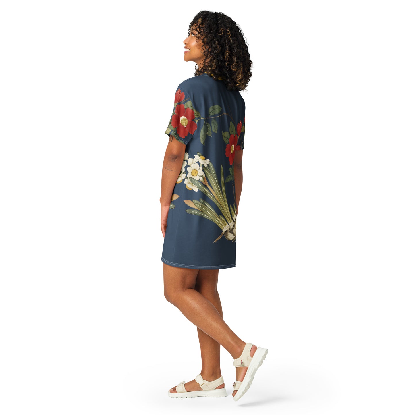 The Spirit of Flowers in Twelve Months|Narcissus and Camelia in Bloom|T-shirt dress|Dark blue