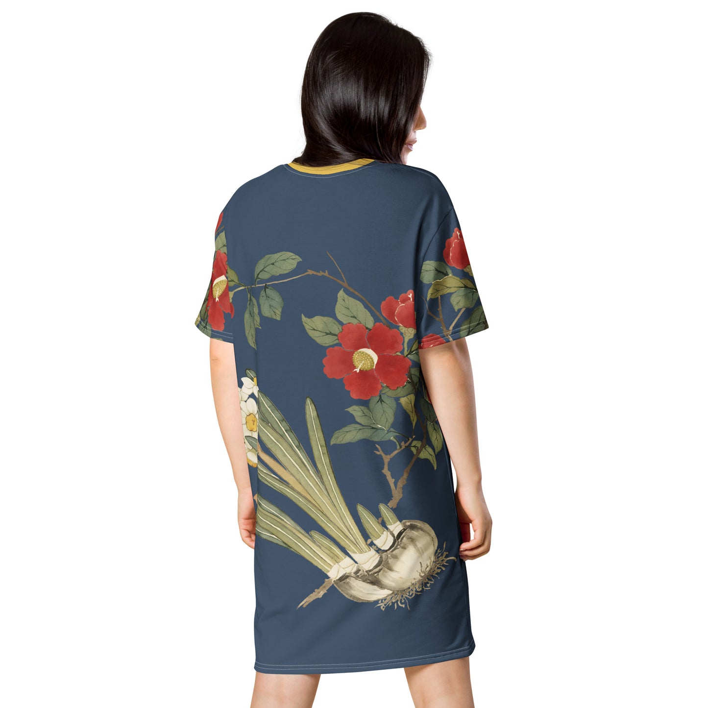 The Spirit of Flowers in Twelve Months|Narcissus and Camelia in Bloom|T-shirt dress|Dark blue