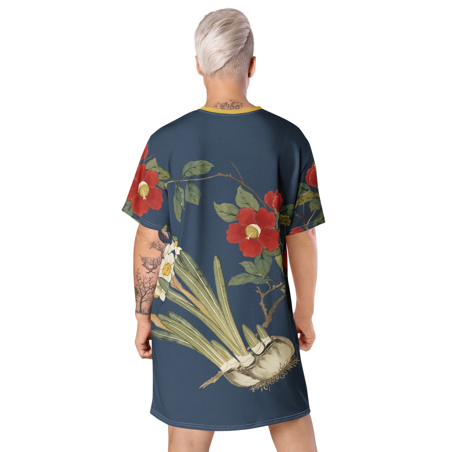 The Spirit of Flowers in Twelve Months|Narcissus and Camelia in Bloom|T-shirt dress|Dark blue