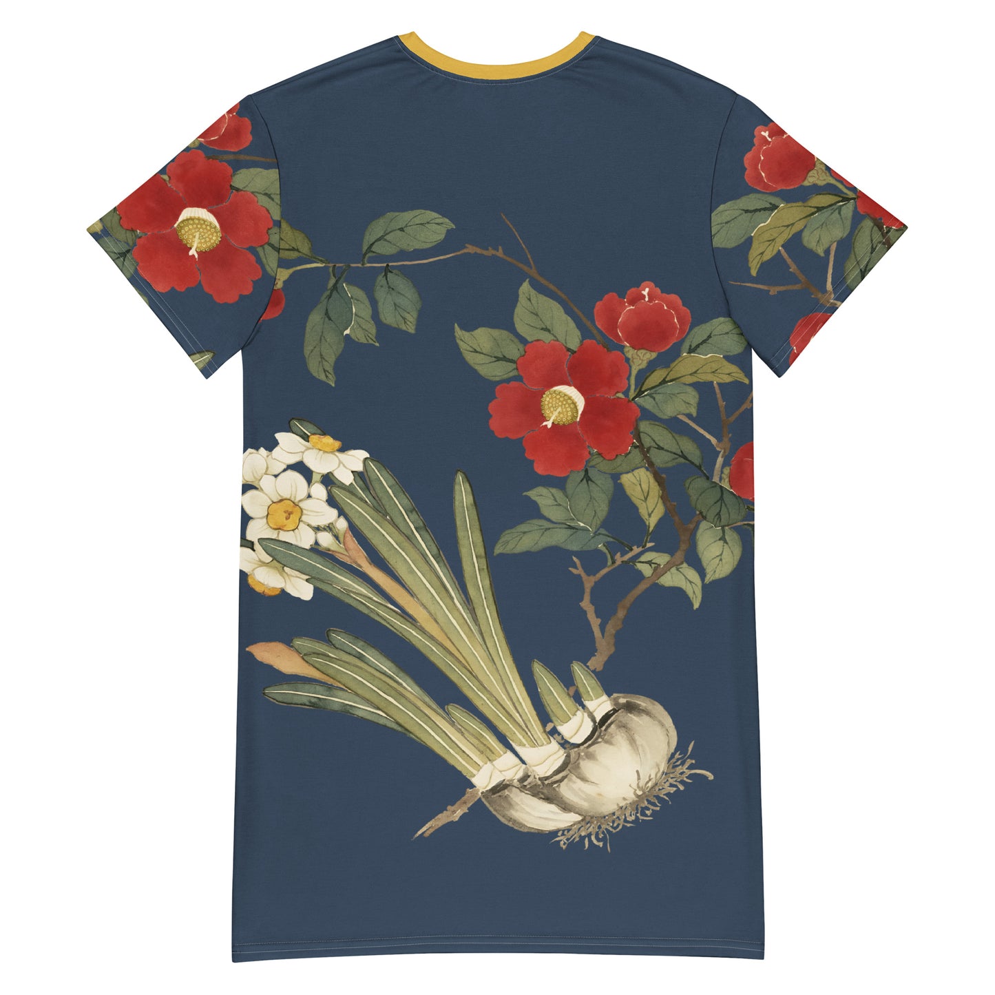 The Spirit of Flowers in Twelve Months|Narcissus and Camelia in Bloom|T-shirt dress|Dark blue