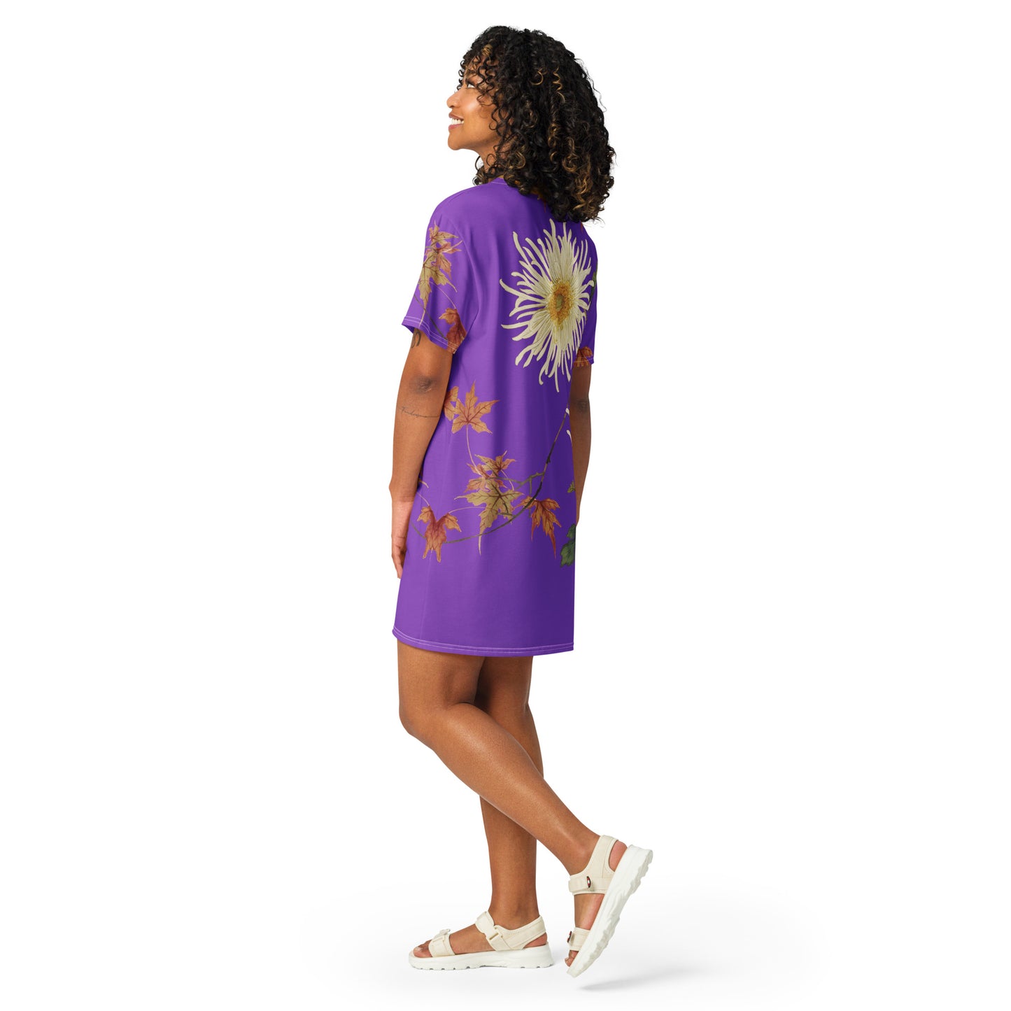 The Spirit of Flowers in Twelve Months|Blooming Chrysanthemum and Maple Leaves|T-shirt dress|Purple