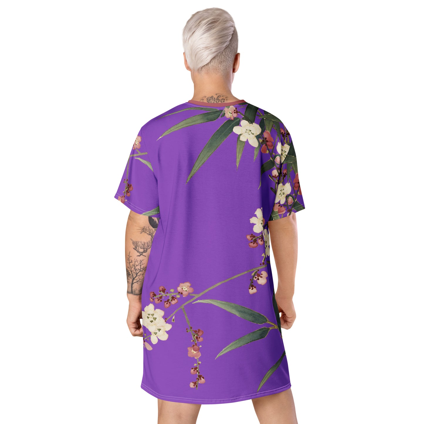 The Spirit of Flowers in Twelve Months|Crimson Plum Blossom and Lush Green Bamboo|T-shirt dress|Purple