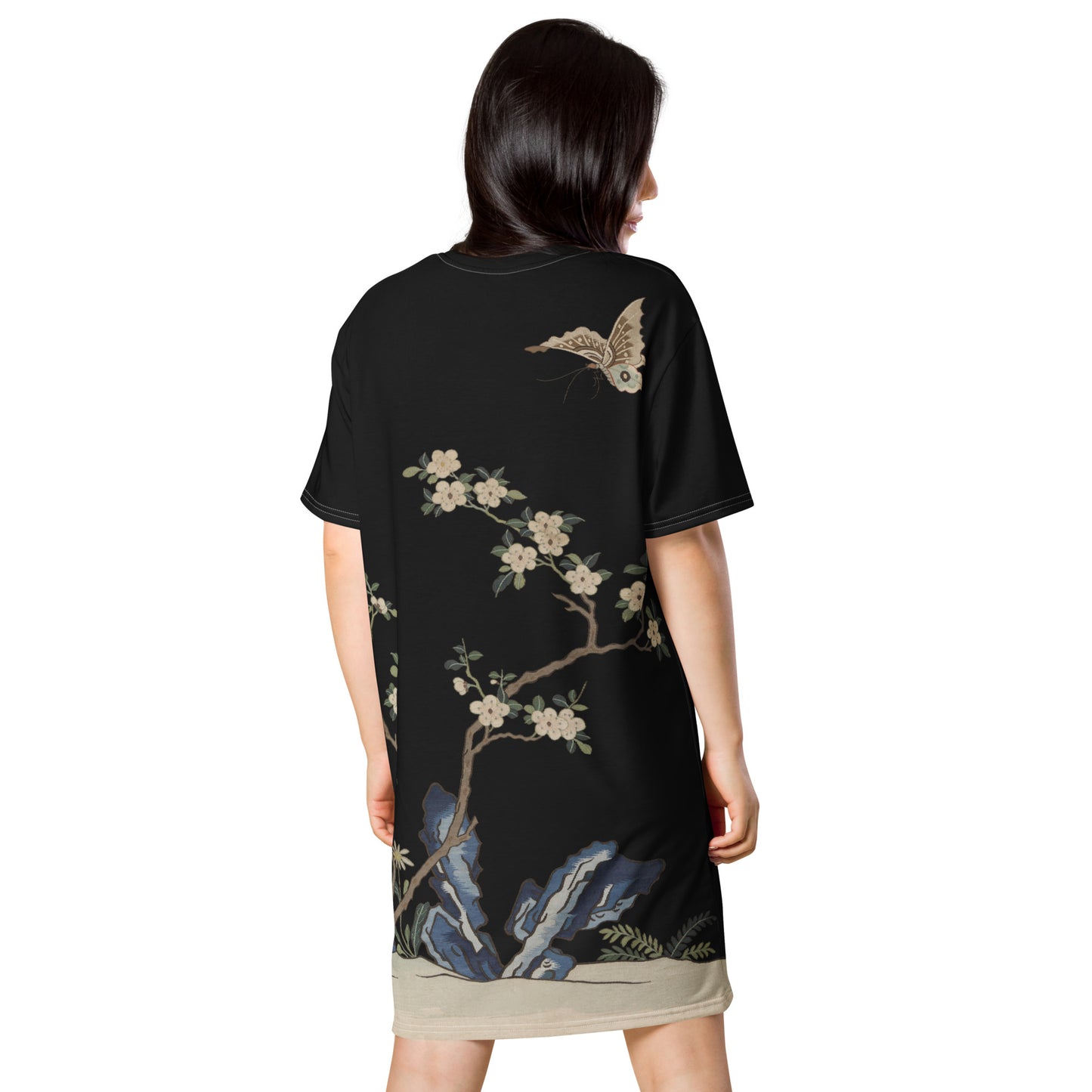 Kesi Flower Album|White Plum Blossoms and Butterfly|T-shirt dress|Black