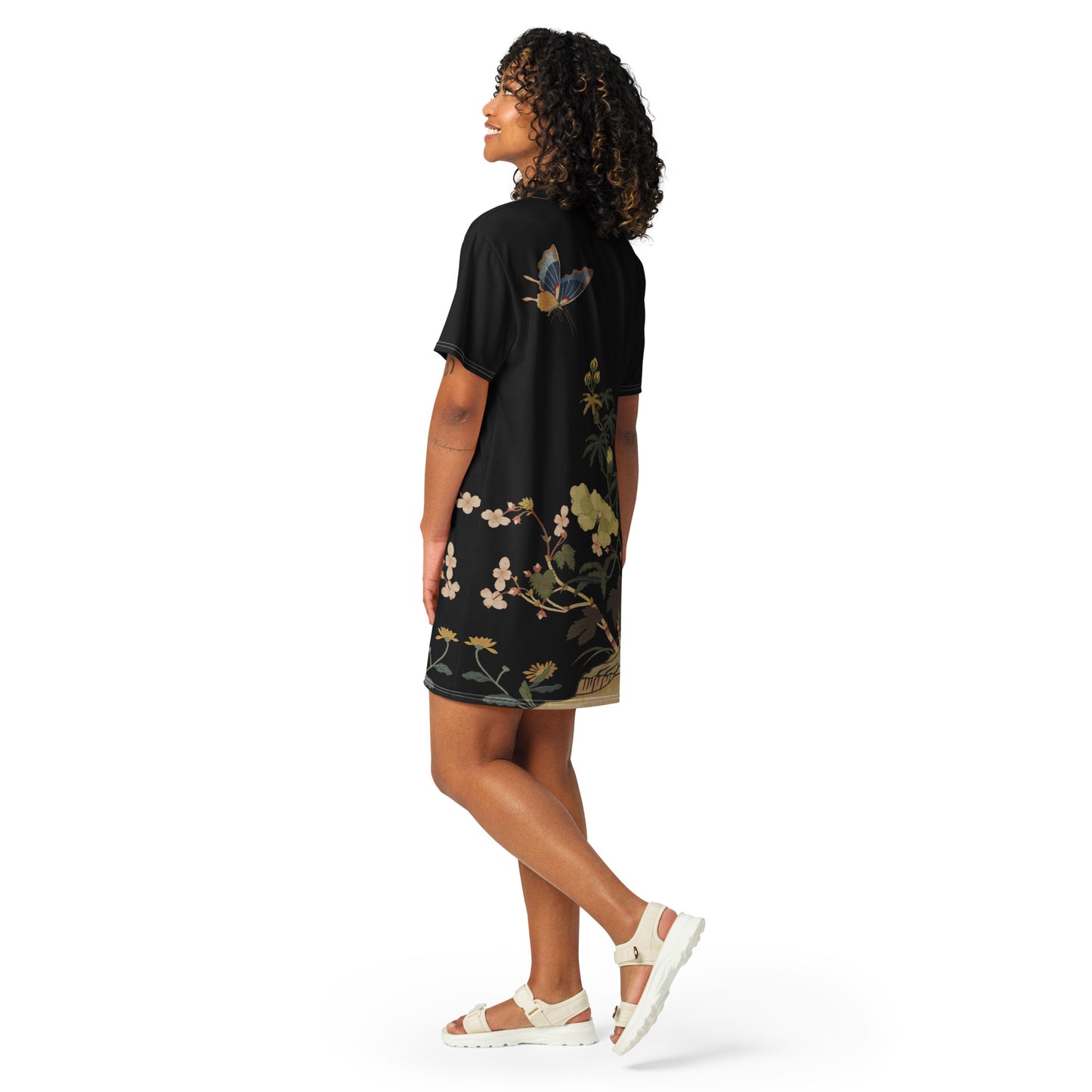 Kesi Flower Album|Hibiscus and Begonia Blossoms|T-shirt dress|Black