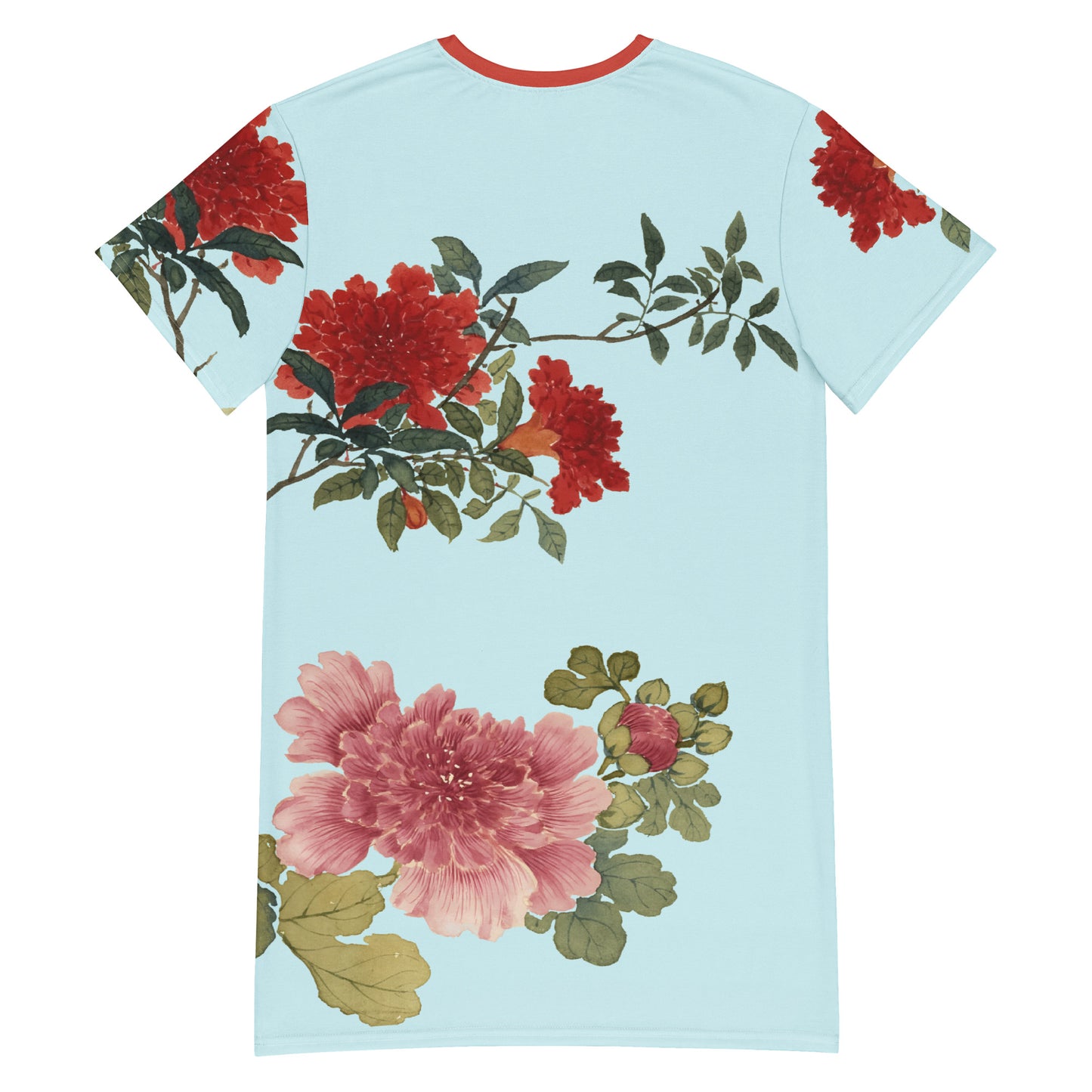 The Spirit of Flowers in Twelve Months|Hollyhock and Pomegranate in Bloom|T-shirt dress|Aqua blue