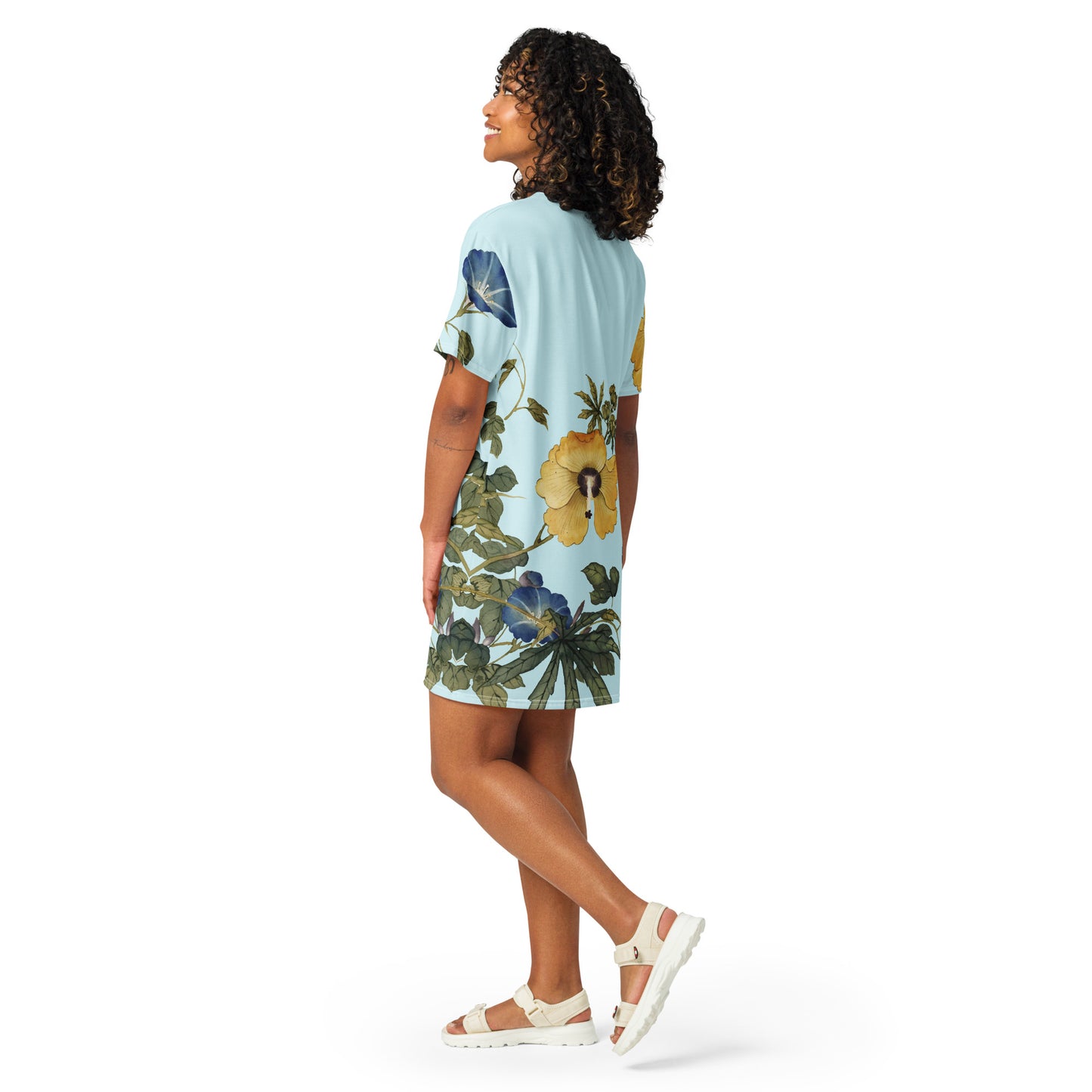 The Spirit of Flowers in Twelve Months|Okra and White-edged Morning Glory in Bloom|T-shirt dress|Aqua blue