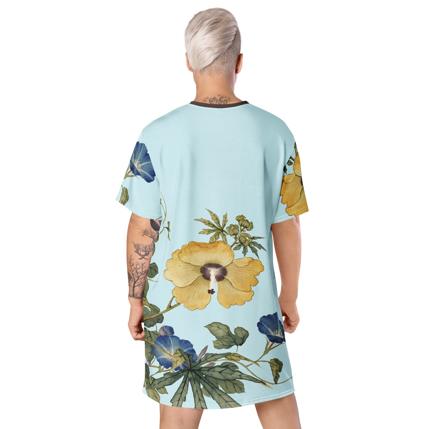 The Spirit of Flowers in Twelve Months|Okra and White-edged Morning Glory in Bloom|T-shirt dress|Aqua blue