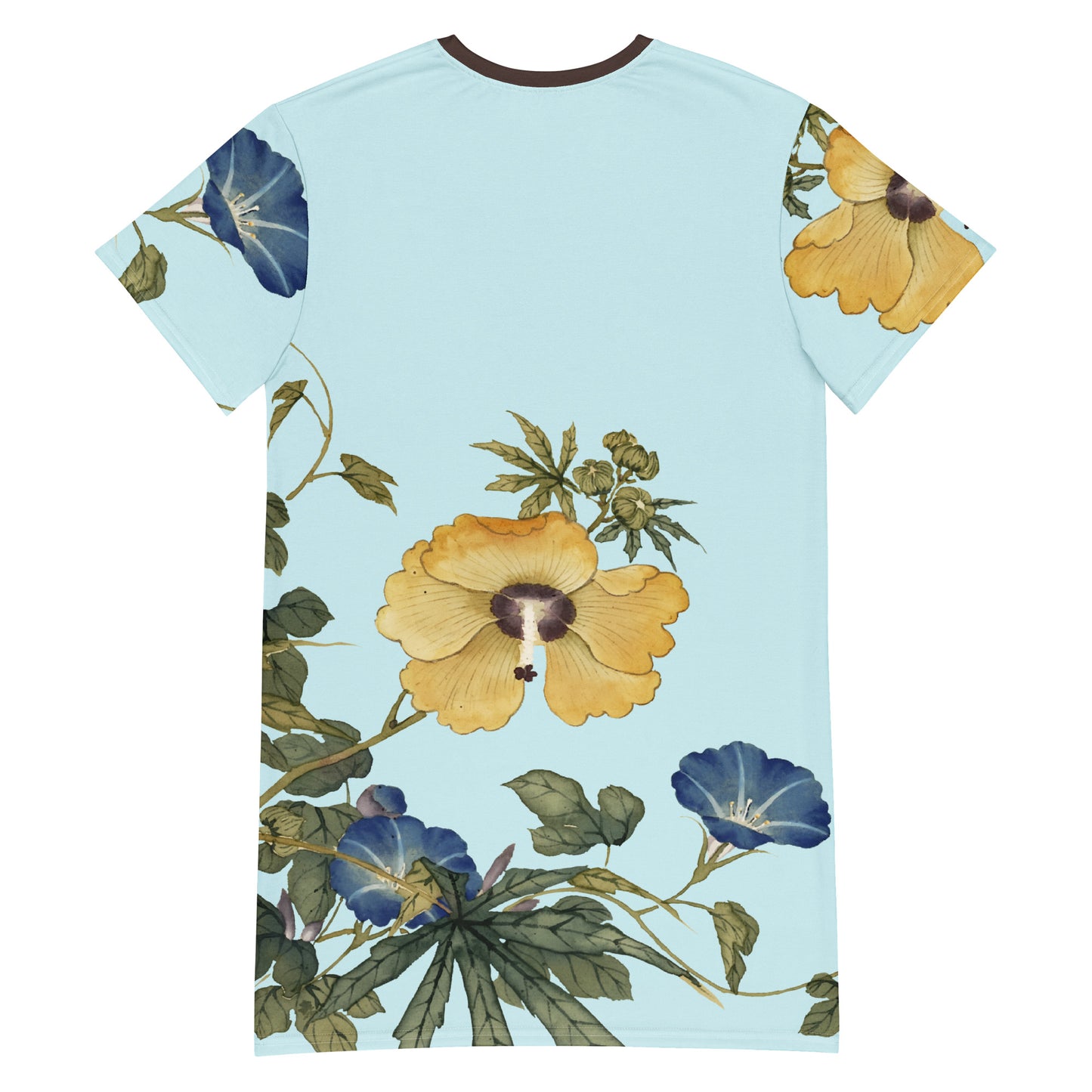 The Spirit of Flowers in Twelve Months|Okra and White-edged Morning Glory in Bloom|T-shirt dress|Aqua blue