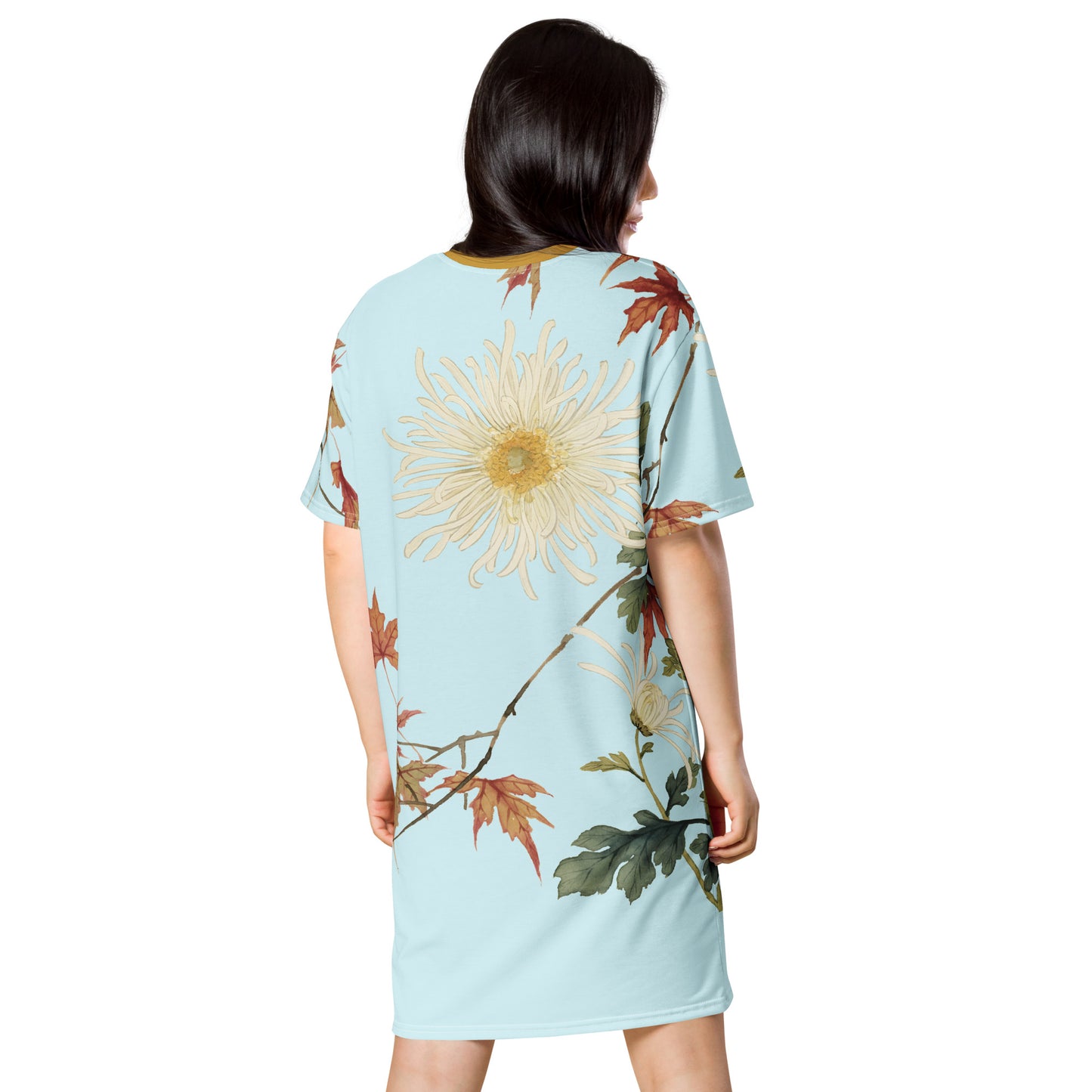 The Spirit of Flowers in Twelve Months|Blooming Chrysanthemum and Maple Leaves|T-shirt dress|Aqua blue