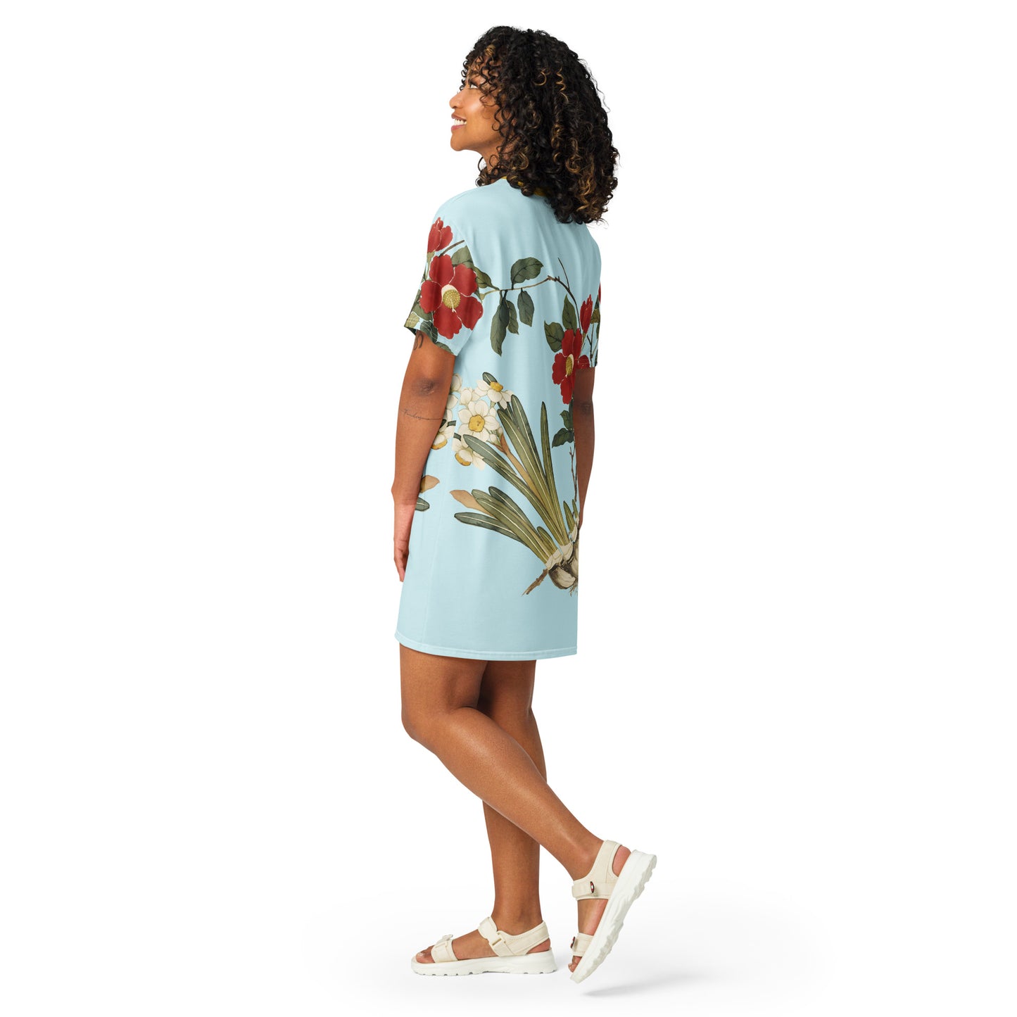 The Spirit of Flowers in Twelve Months|Narcissus and Camelia in Bloom|T-shirt dress|Aqua blue