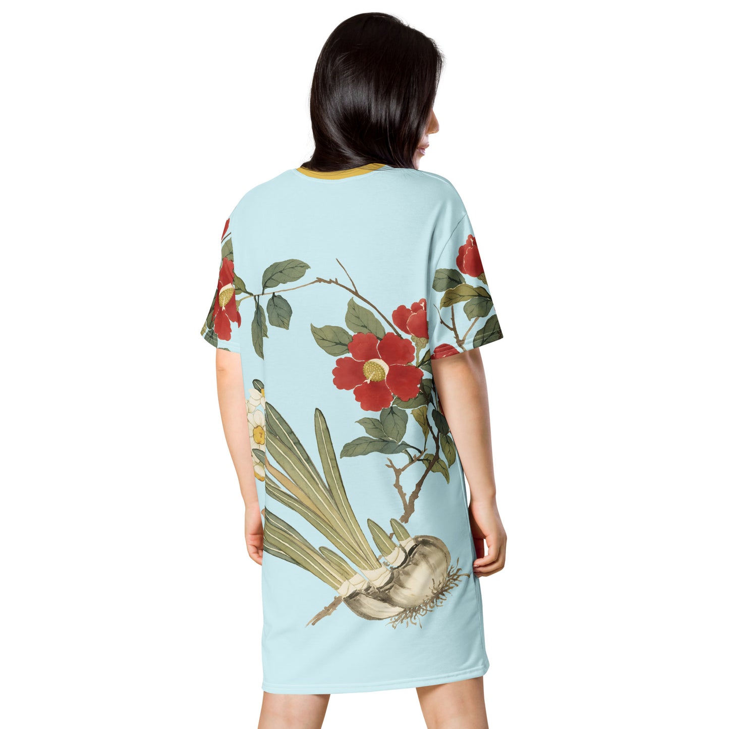 The Spirit of Flowers in Twelve Months|Narcissus and Camelia in Bloom|T-shirt dress|Aqua blue