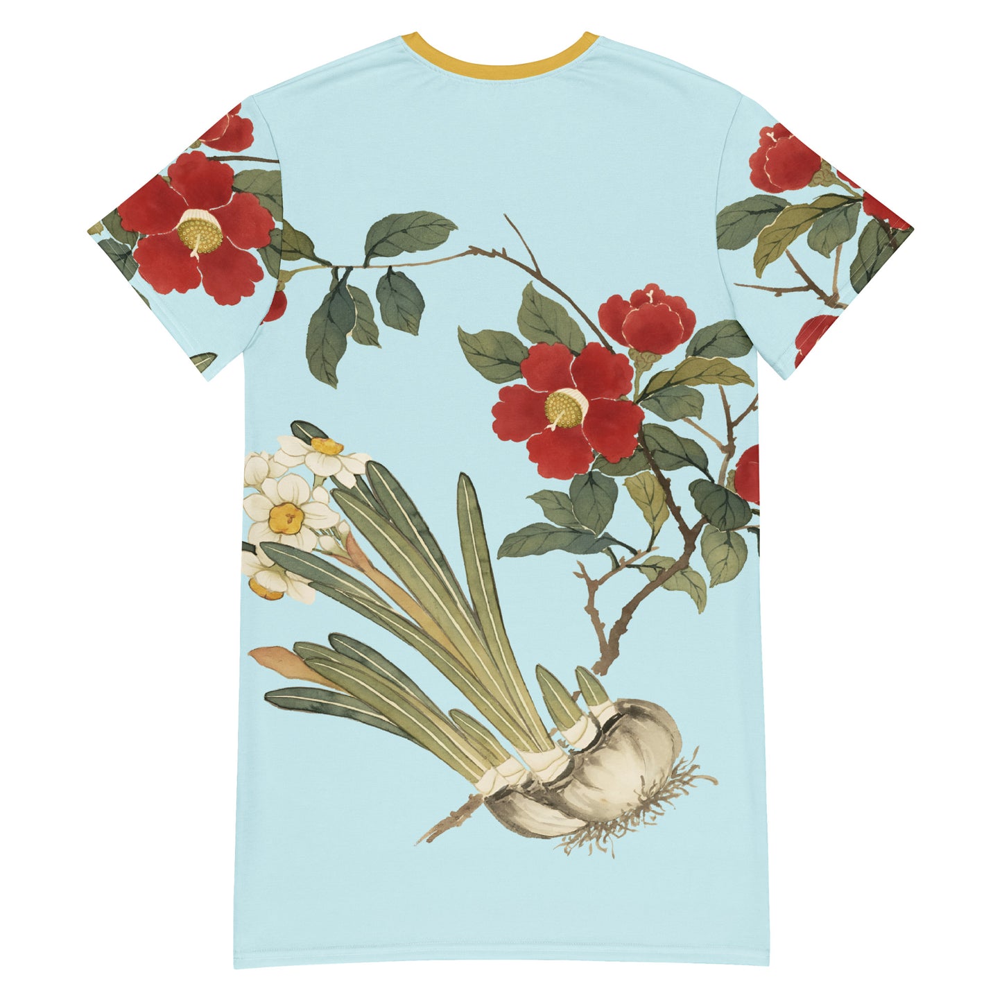 The Spirit of Flowers in Twelve Months|Narcissus and Camelia in Bloom|T-shirt dress|Aqua blue