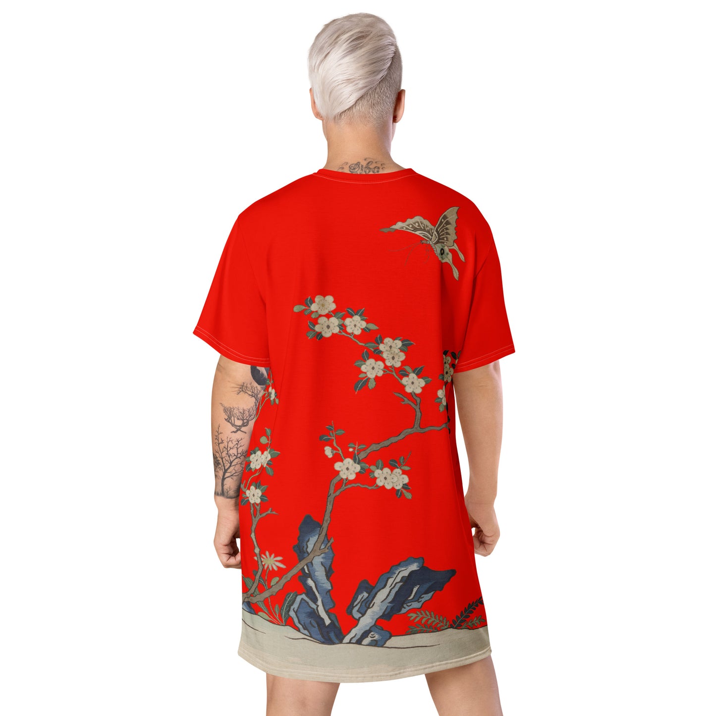 タペストリーの花|白梅と蝶|Tシャツドレス|Garnet red