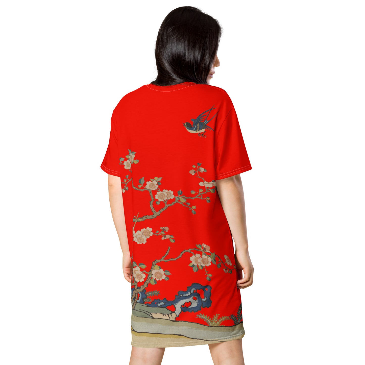 タペストリーの花|飛行中のツバメ、春の前触れ|Tシャツドレス|Garnet red