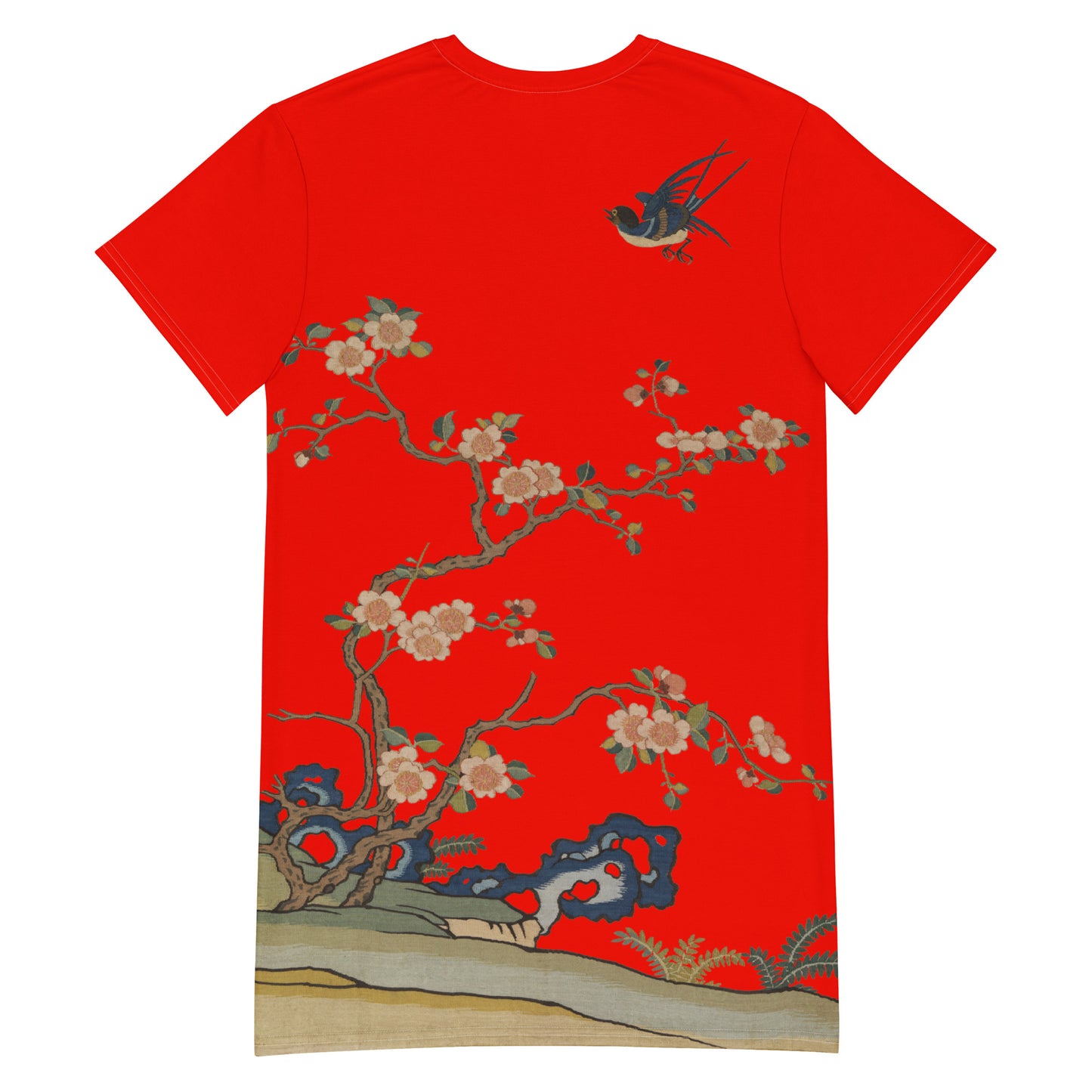 タペストリーの花|飛行中のツバメ、春の前触れ|Tシャツドレス|Garnet red