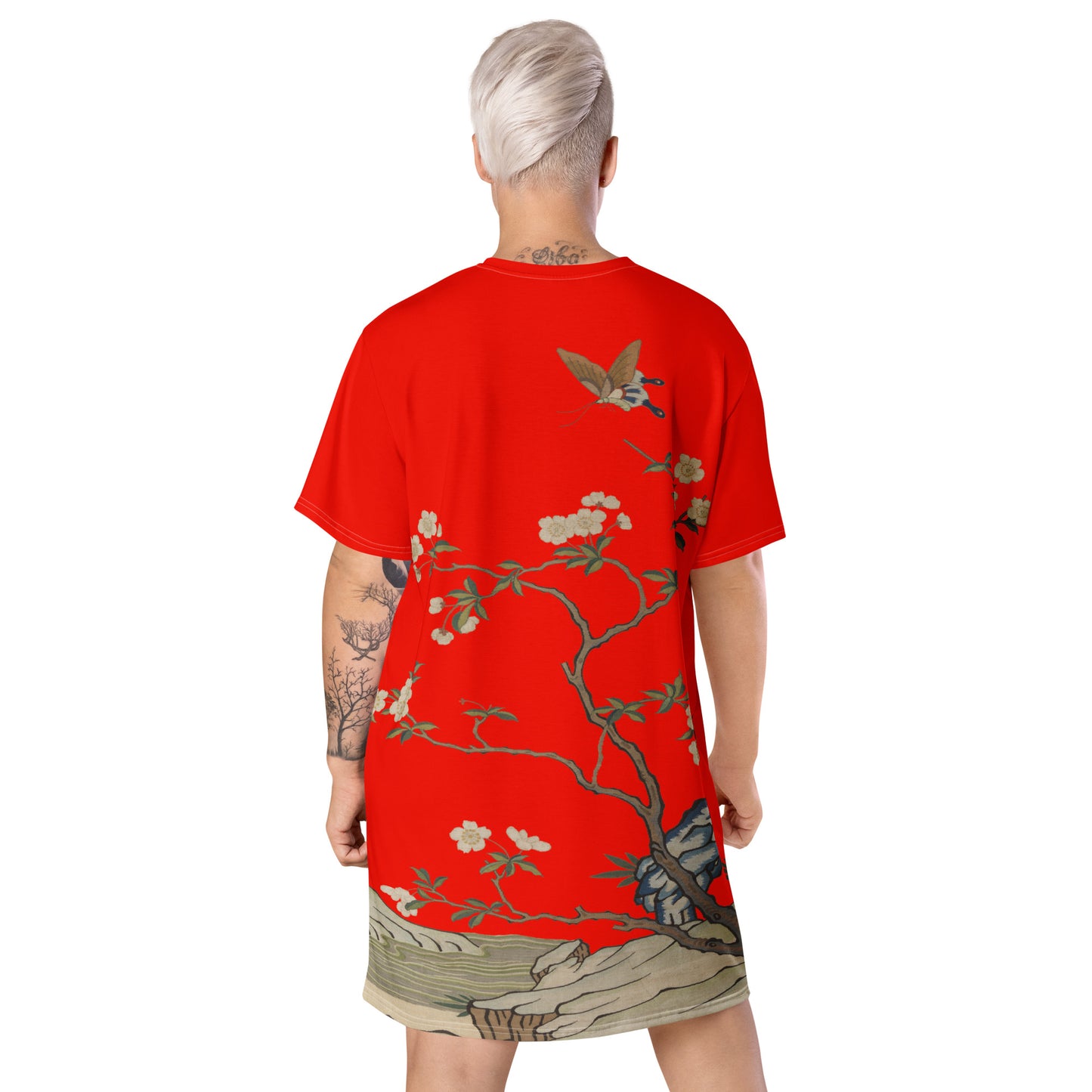 タペストリーの花|梅の花と蝶|Tシャツドレス|Garnet red