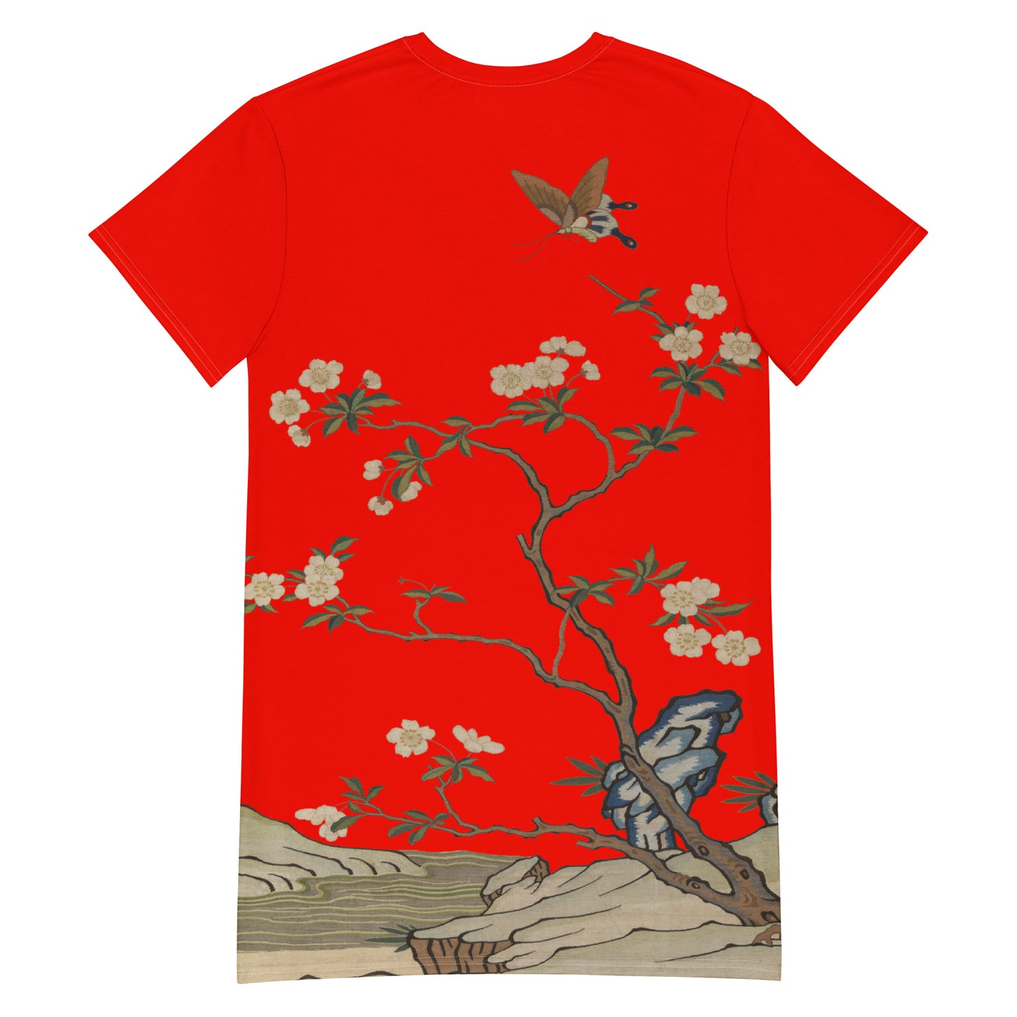 タペストリーの花|梅の花と蝶|Tシャツドレス|Garnet red