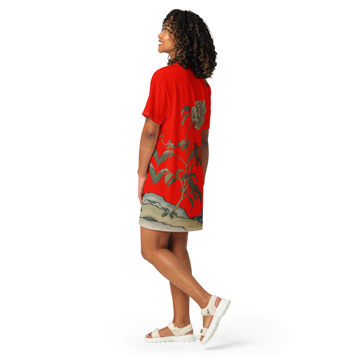 タペストリーの花|Peonies and Butterfly|Tシャツドレス|Garnet red
