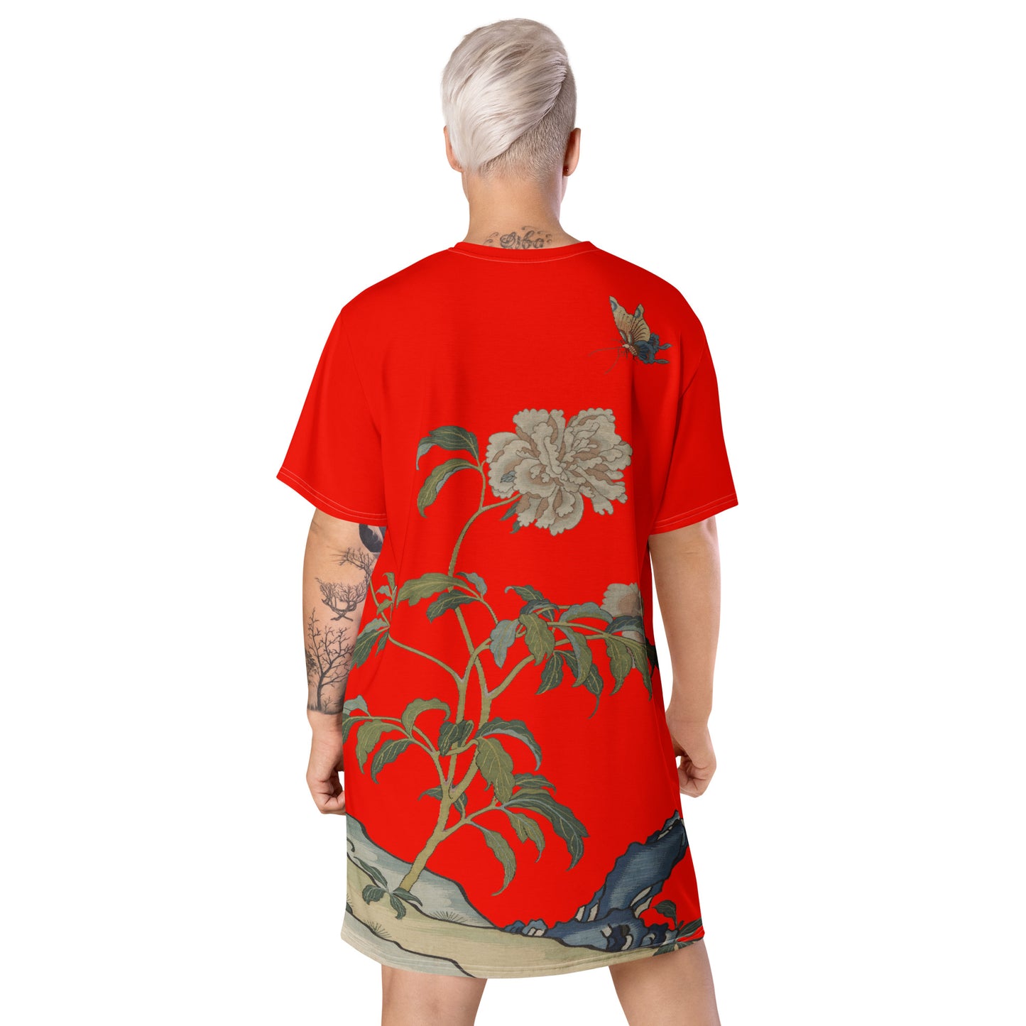 タペストリーの花|Peonies and Butterfly|Tシャツドレス|Garnet red