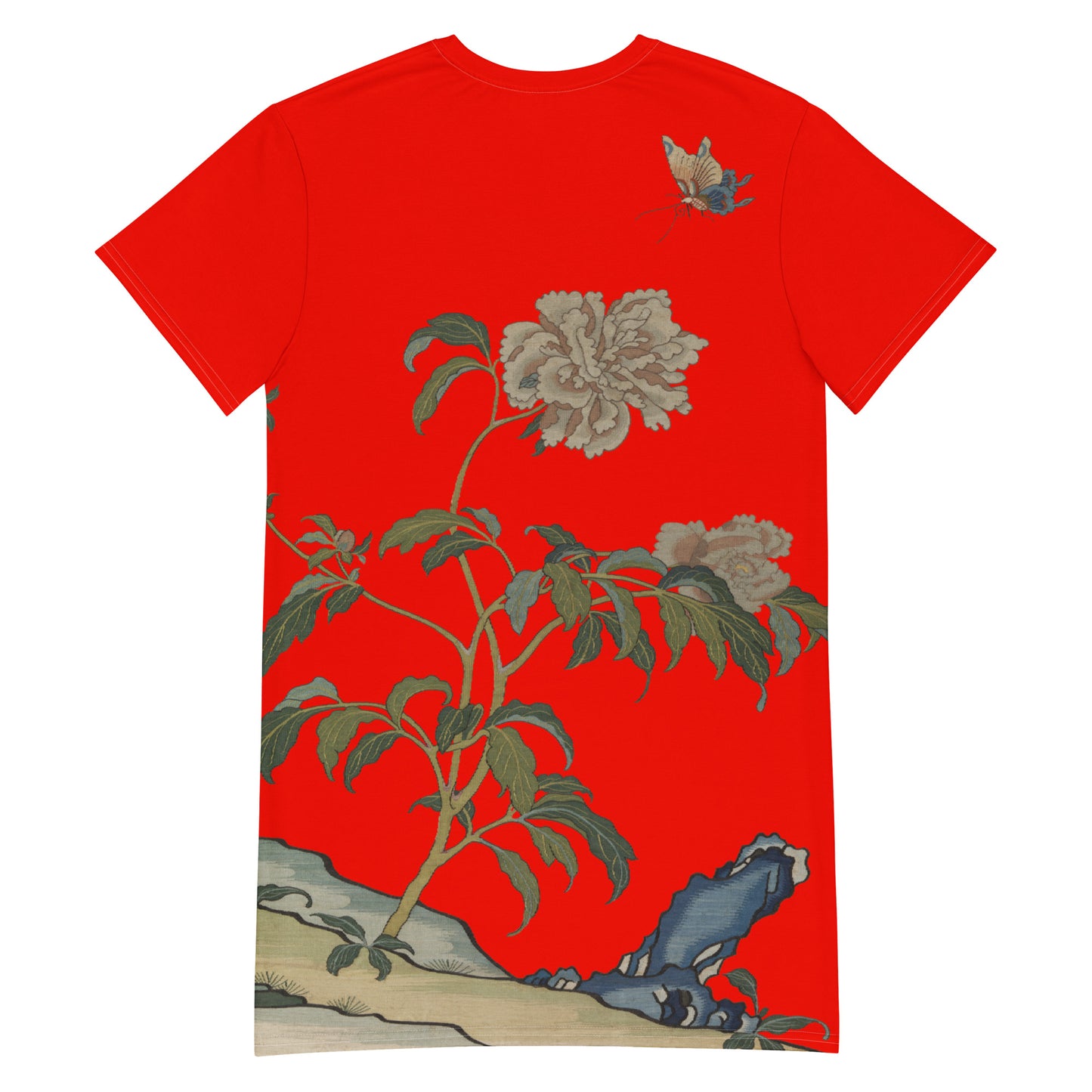 タペストリーの花|Peonies and Butterfly|Tシャツドレス|Garnet red