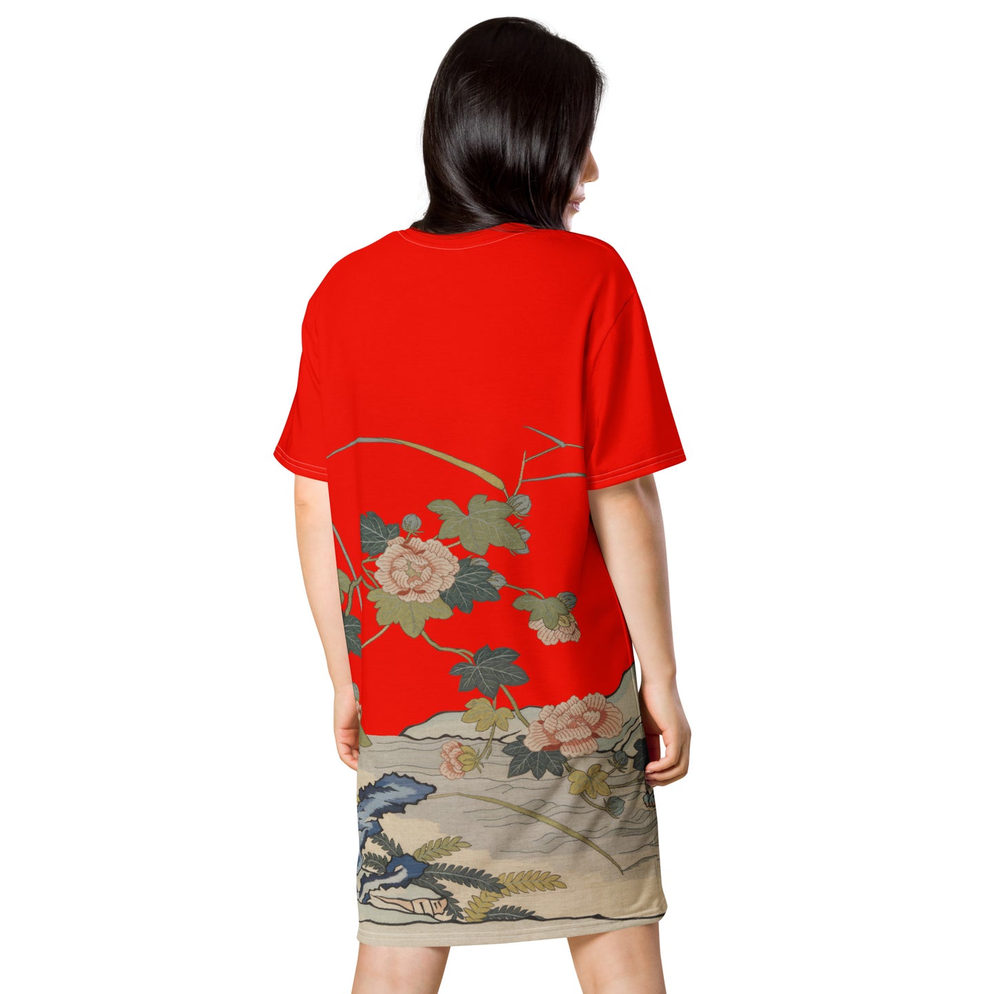 タペストリーの花|水辺のハイビスカス|Tシャツドレス|Garnet red
