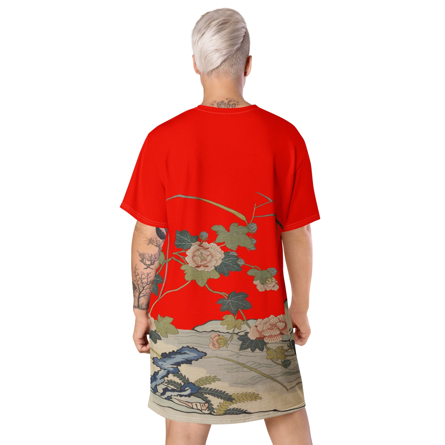 タペストリーの花|水辺のハイビスカス|Tシャツドレス|Garnet red