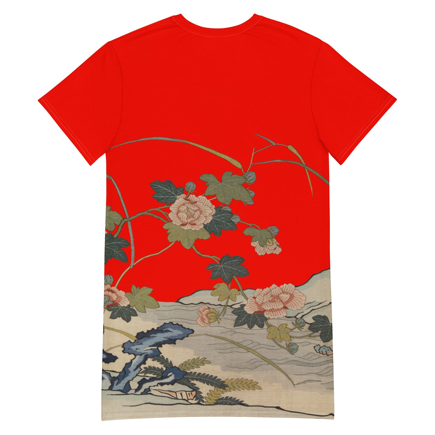 タペストリーの花|水辺のハイビスカス|Tシャツドレス|Garnet red