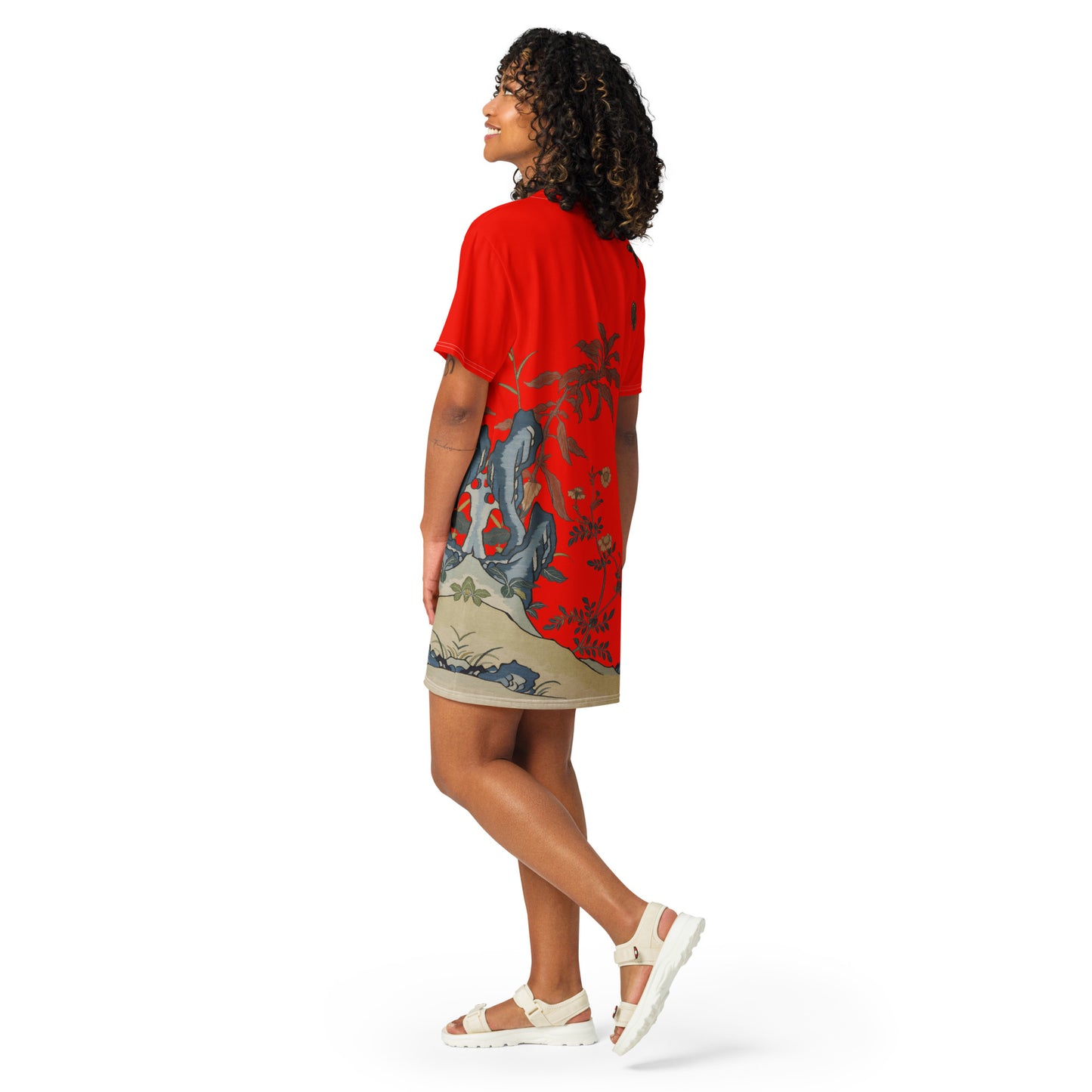 タペストリーの花|蝶と花|Tシャツドレス|Garnet red