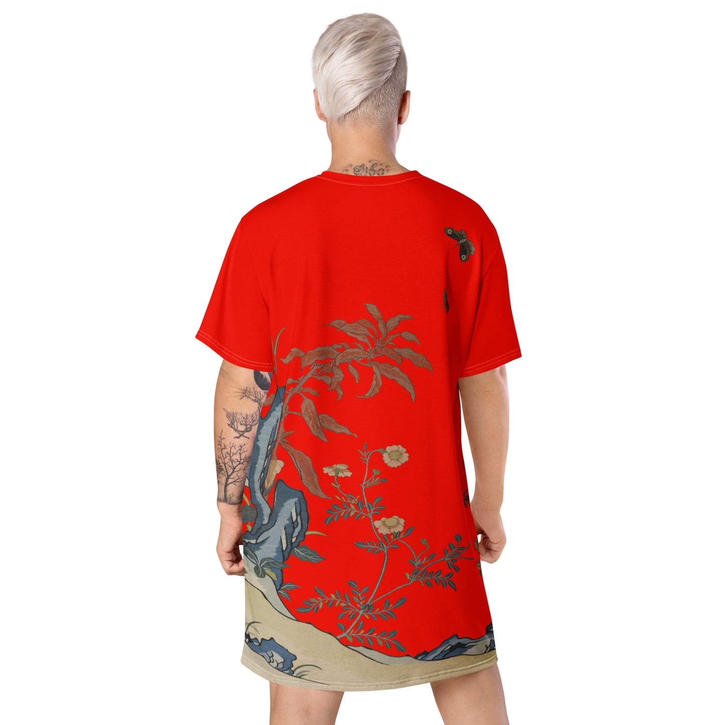 タペストリーの花|蝶と花|Tシャツドレス|Garnet red
