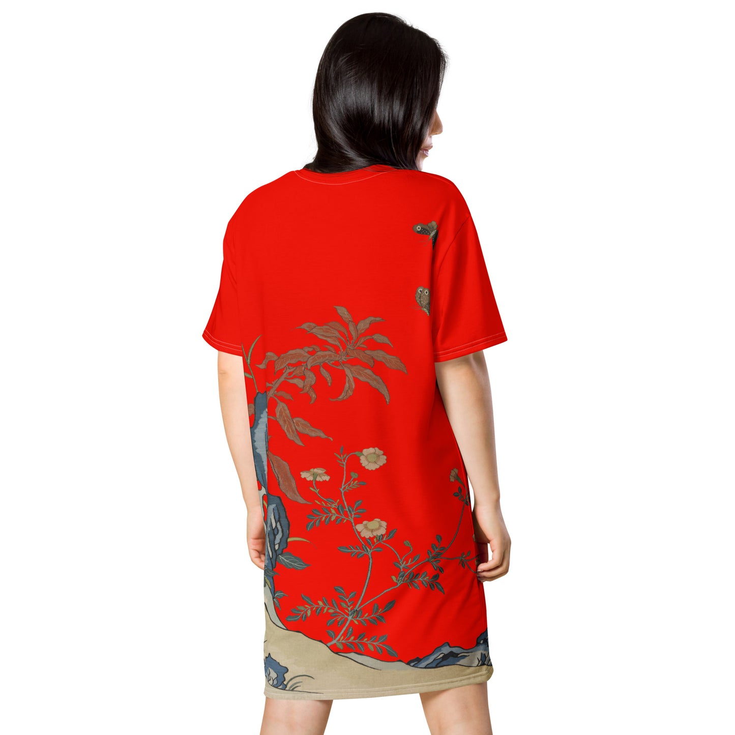 タペストリーの花|蝶と花|Tシャツドレス|Garnet red