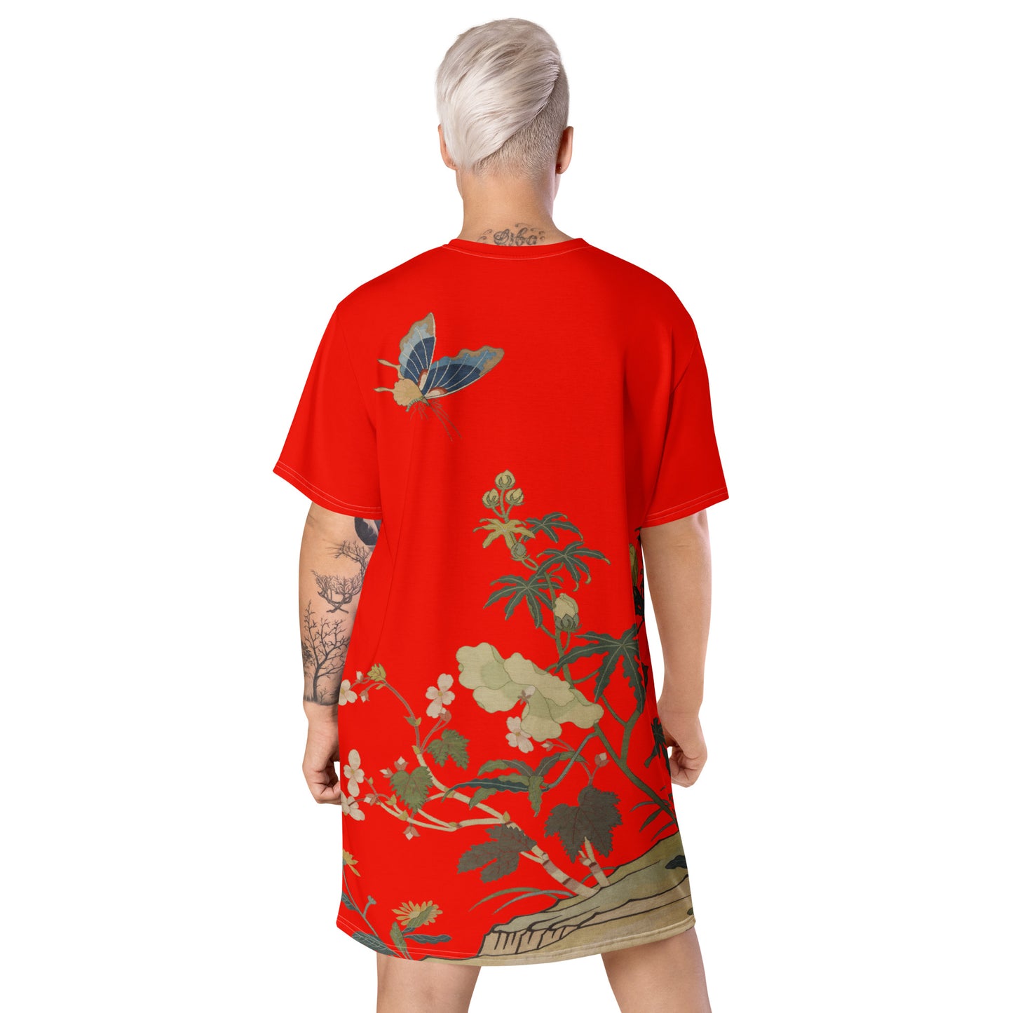 タペストリーの花|ハイビスカスとベゴニアの花|Tシャツドレス|Garnet red